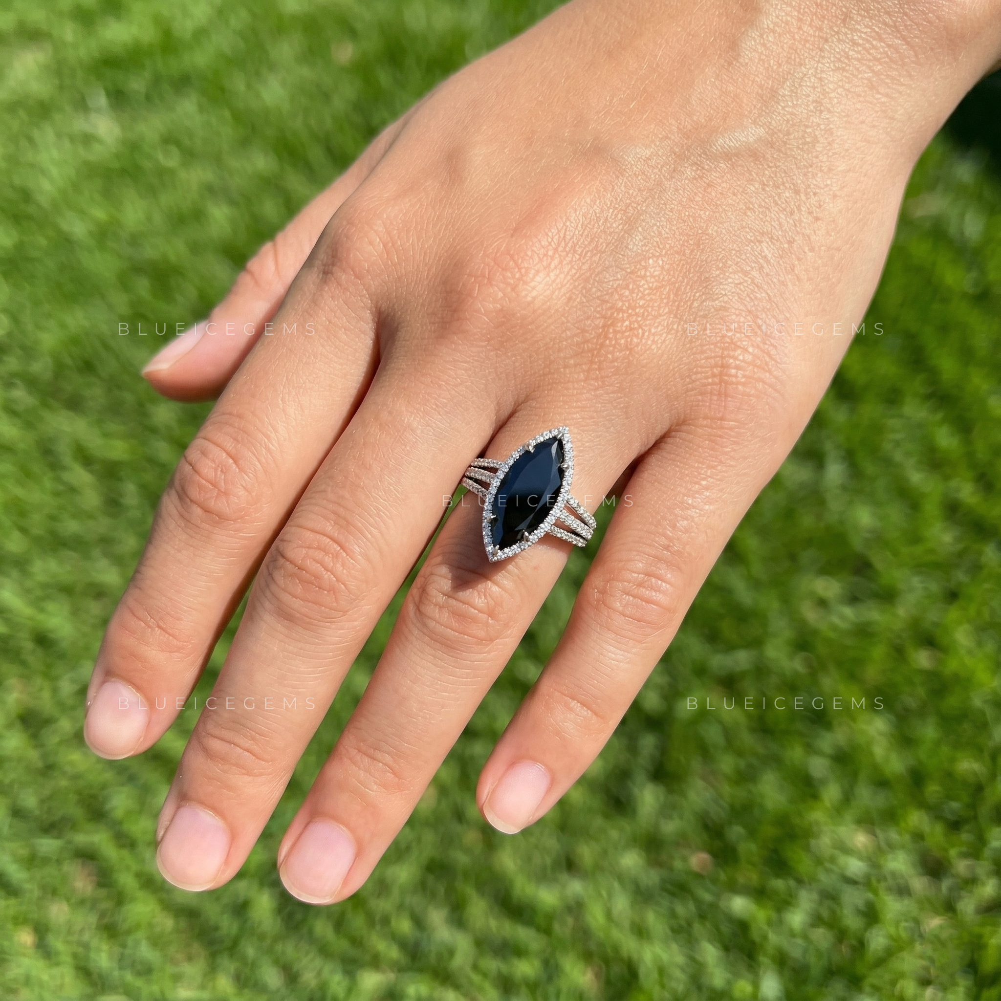 Midnight Noir Marquise Cut Black Diamond Grand Halo Ring