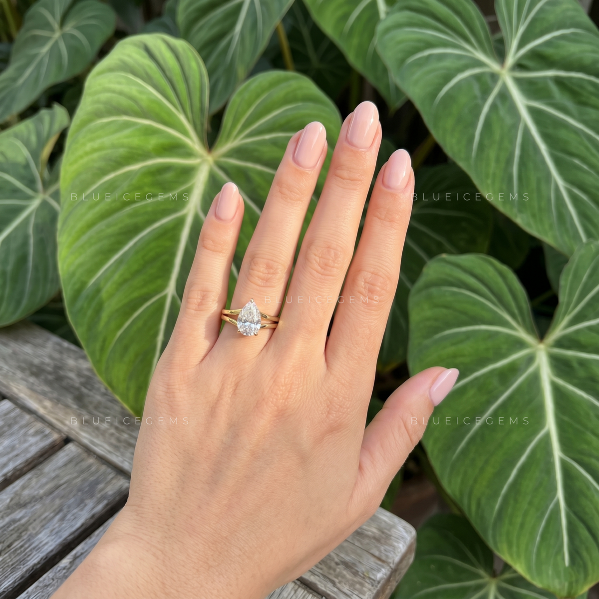 Pear Cut Split Band Hidden Halo Solitaire Engagement Ring