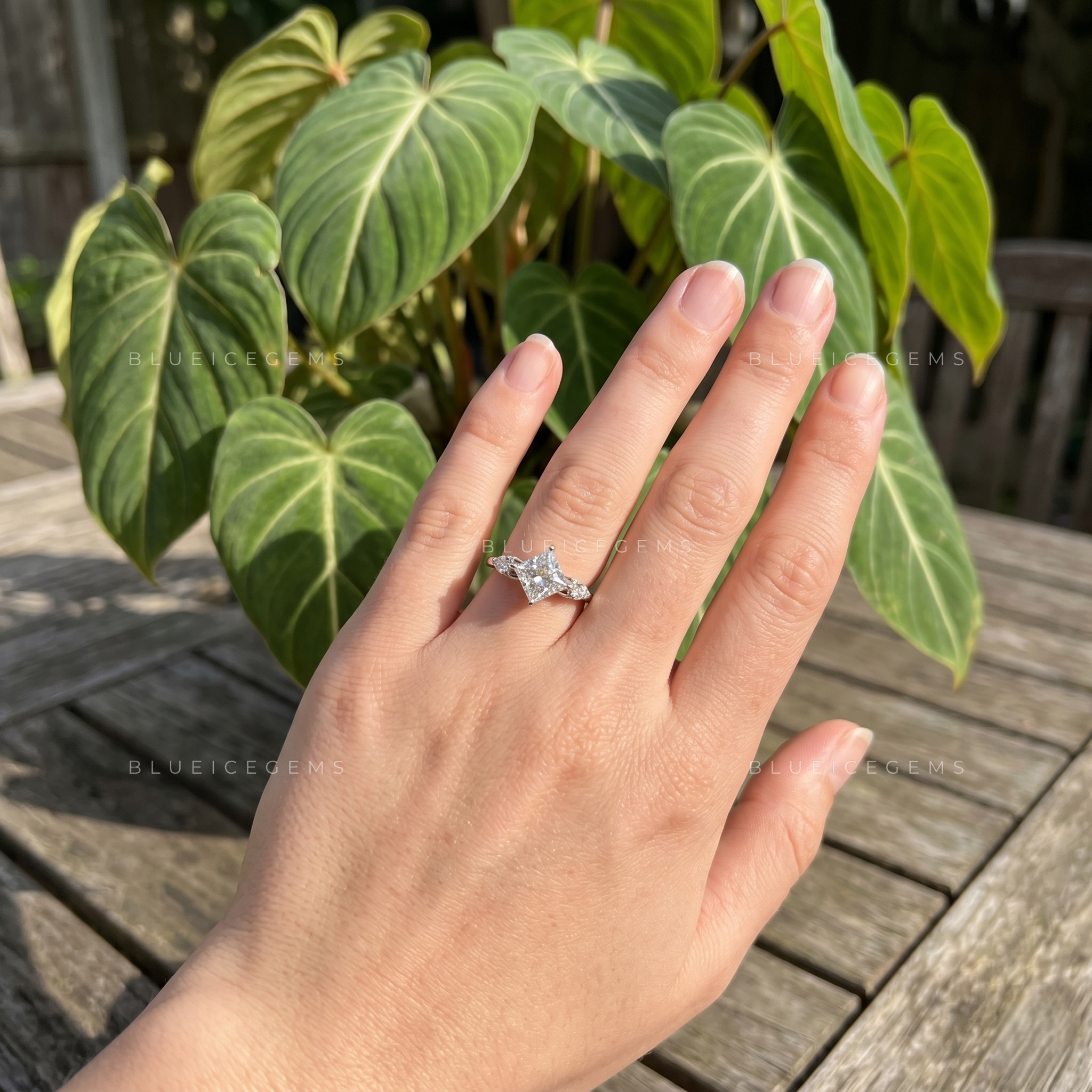 Regal Geometry Princess Cut Three Stone Compass Prong Engagement Ring