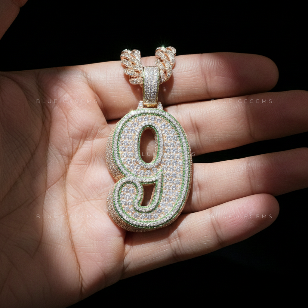 The "NUMBER 9" Emerald Contour: Two-Tone Curvature & Iced-Out Numerology Pendant