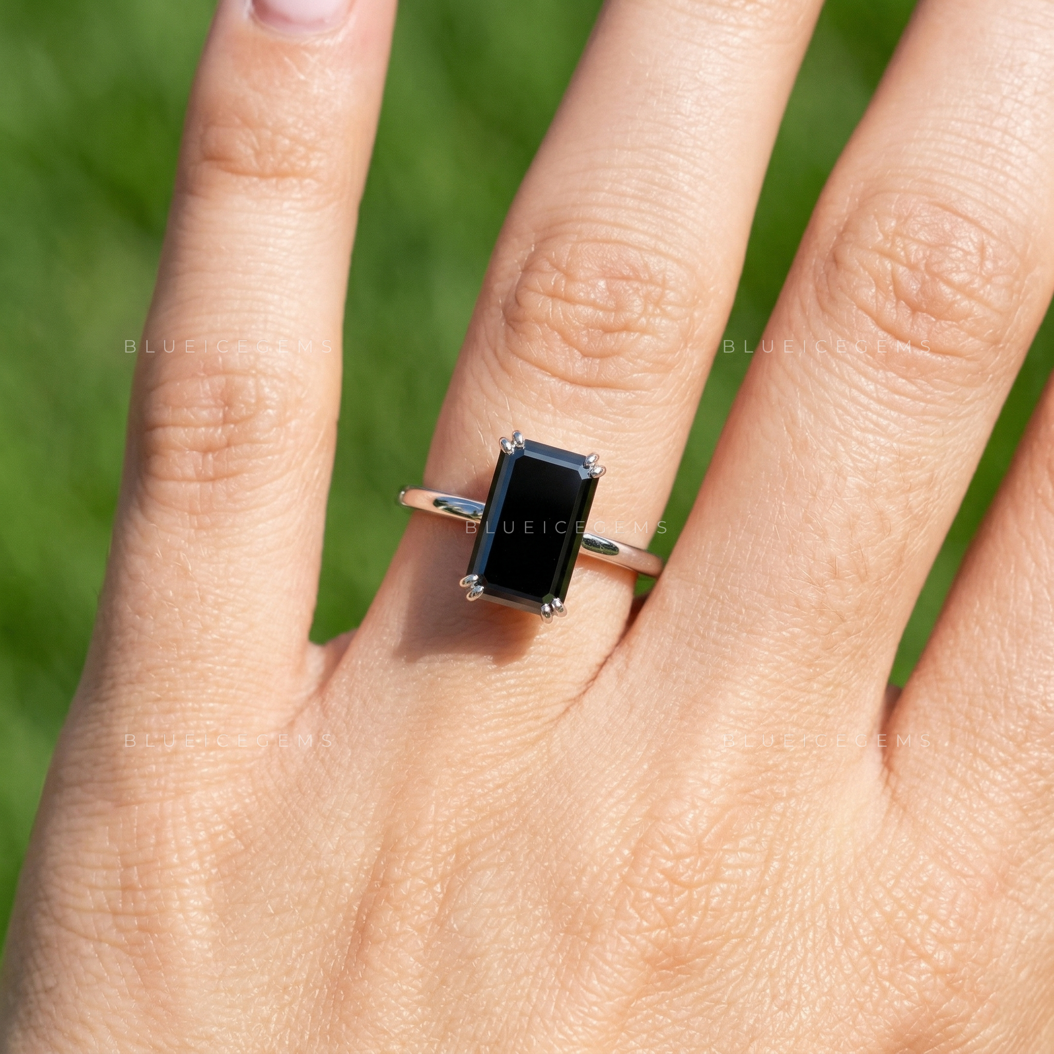 Midnight Noir Elongated Emerald Cut Black Diamond Solitaire Ring