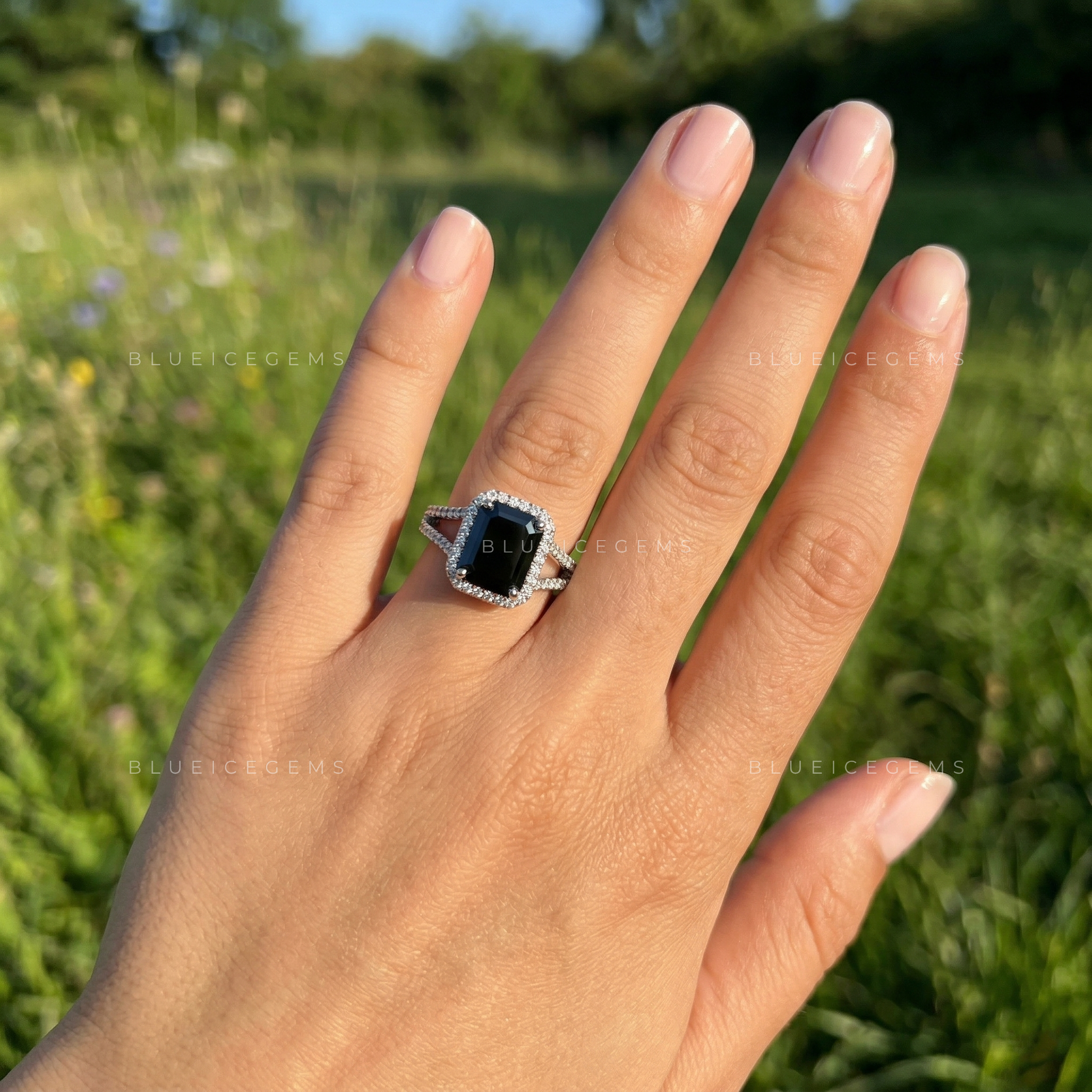 Architectural Noir Emerald Cut Black Diamond Pavé Engagement Ring