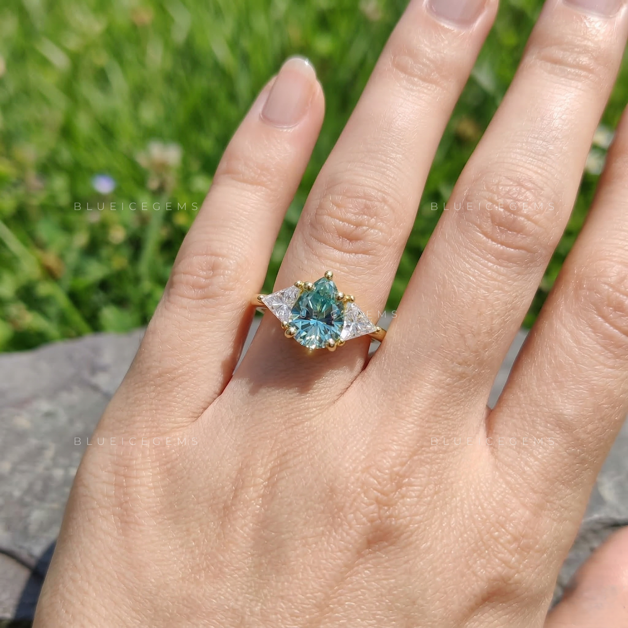 Azure Teardrop Geometric Triangle Three Stone Statement Ring