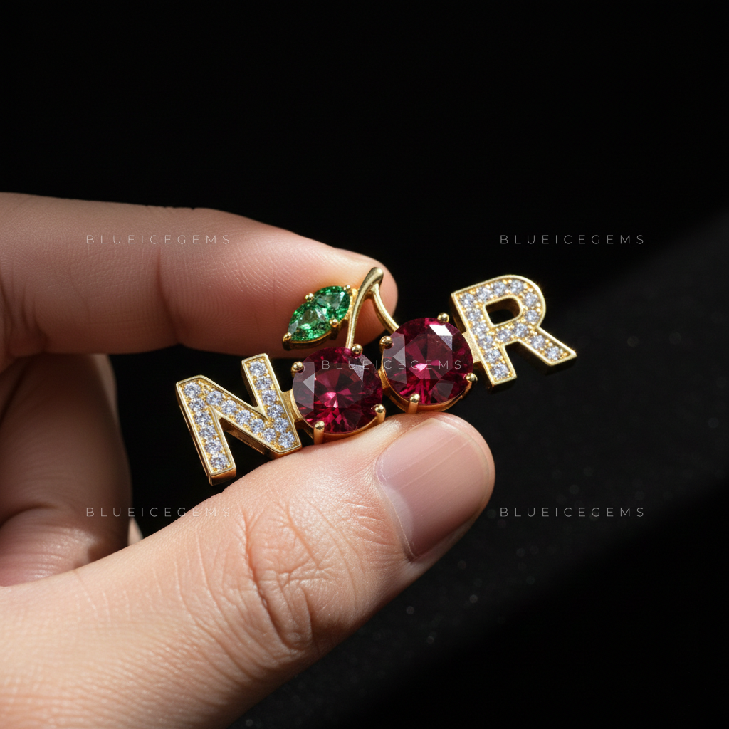 The "NOOR" Cherry Blossom: Crimson Garnet & Emerald Leaf Nameplate