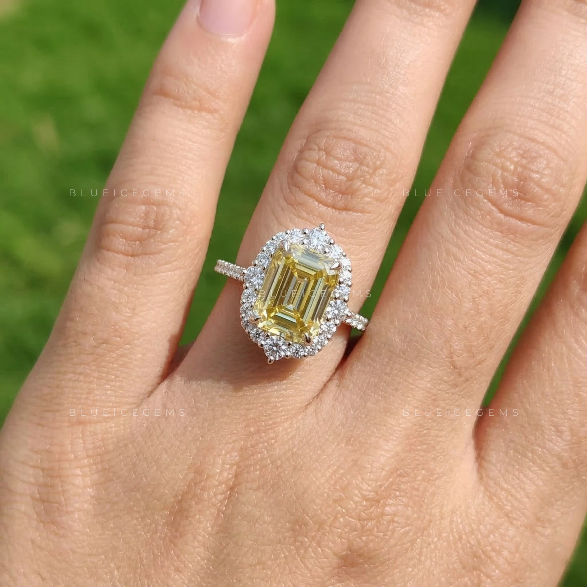 Gilded Majesty Canary Radiant Emerald Cut Halo Ring