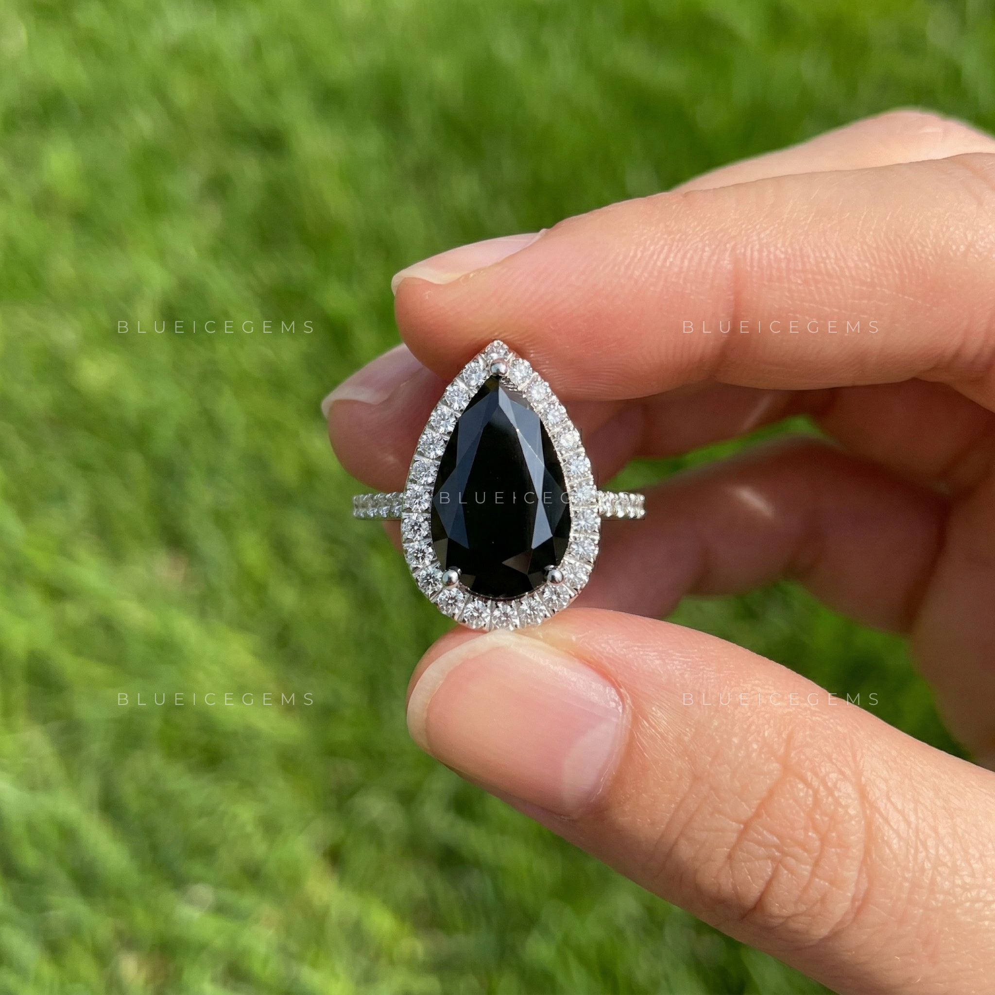 Midnight Eclipse Pear Cut Moissanite Pavé Engagement Ring