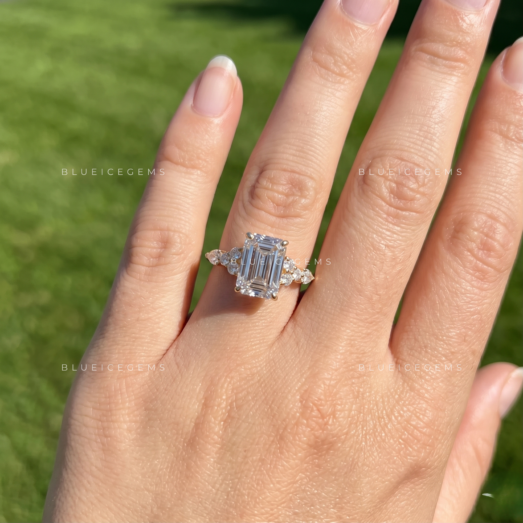 Regal Horizon Emerald Cut Cluster Engagement Ring