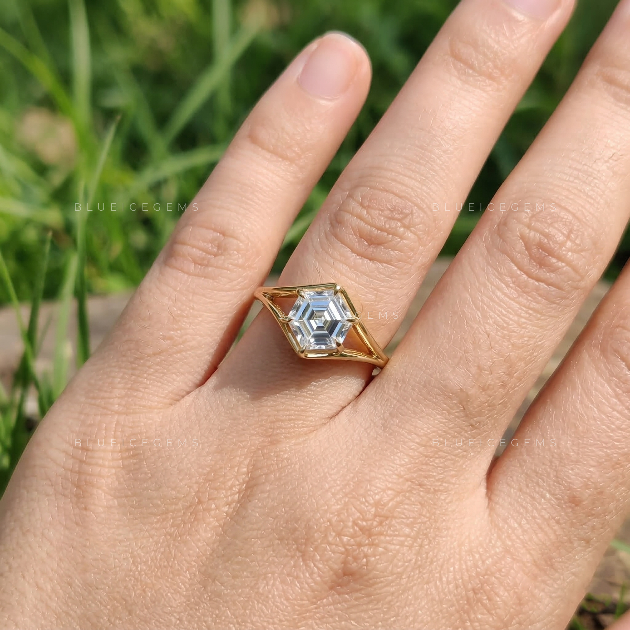 Geometric Essence Hexagon Step Cut Six Prong Ring