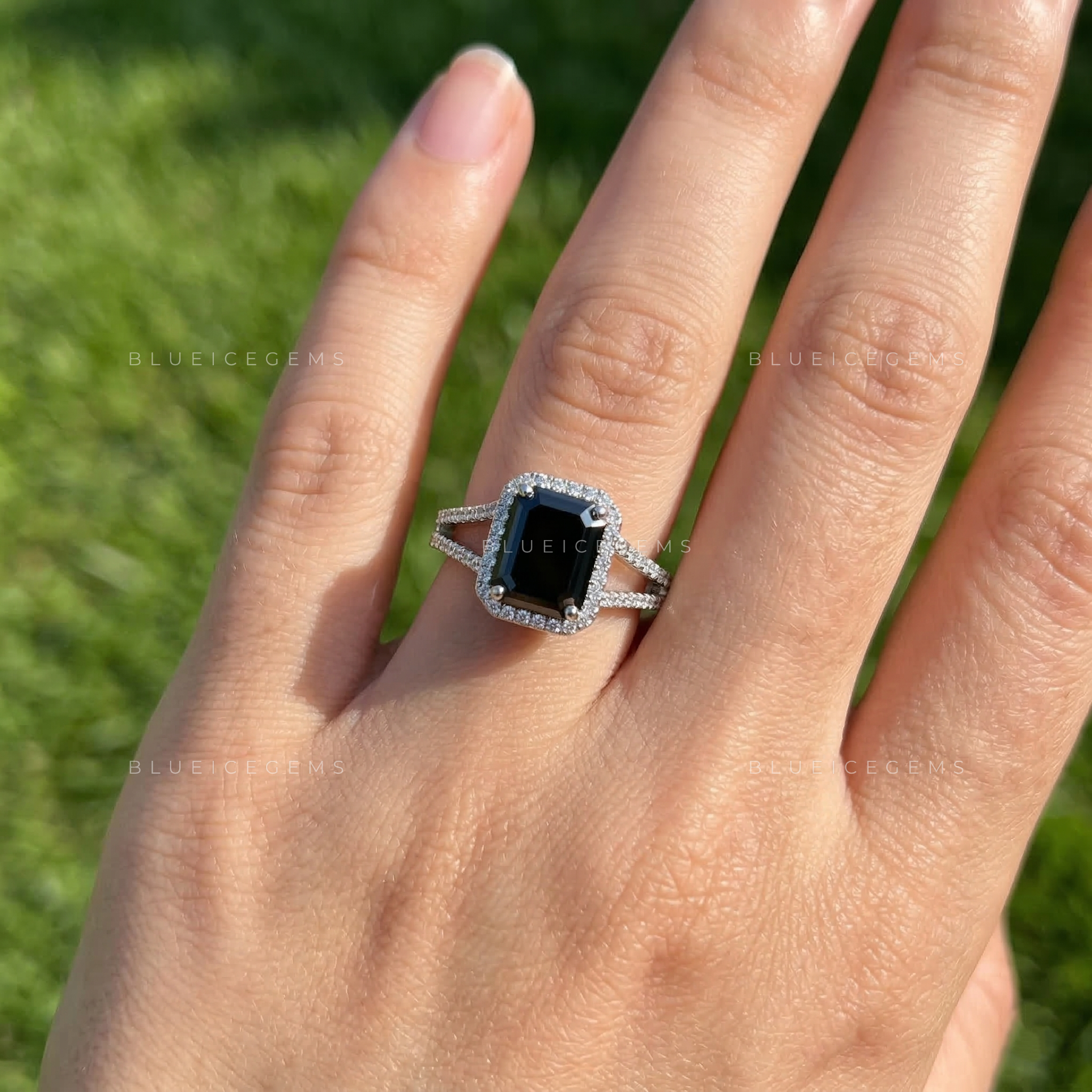 Noir Opulence Emerald Cut Black Moissanite Split Shank Ring