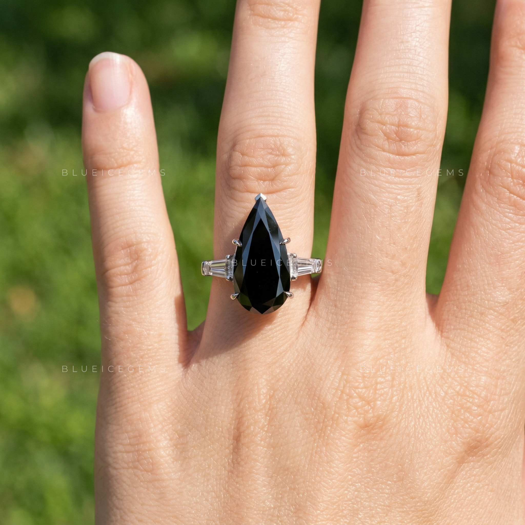 Midnight Noir Elongated Pear Cut Black Moissanite Art Deco Ring