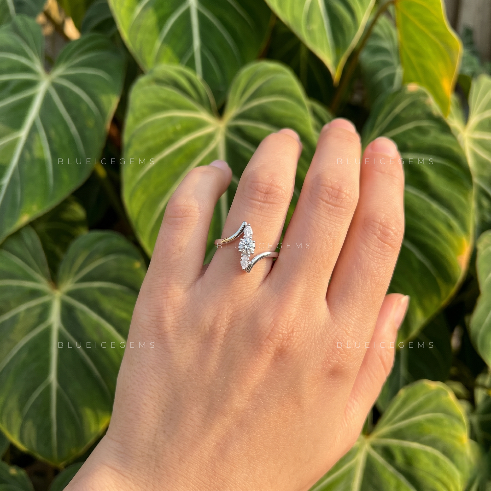 Modern Cascade Vertical Bar Three Stone Bypass Ring