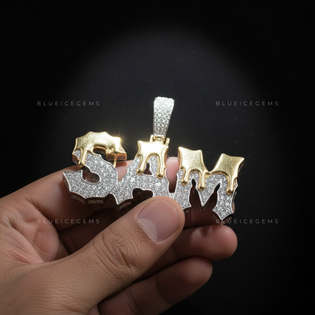 "SAM" Custom Two-Tone Iced-Out Pendant with Liquid Drip Detail