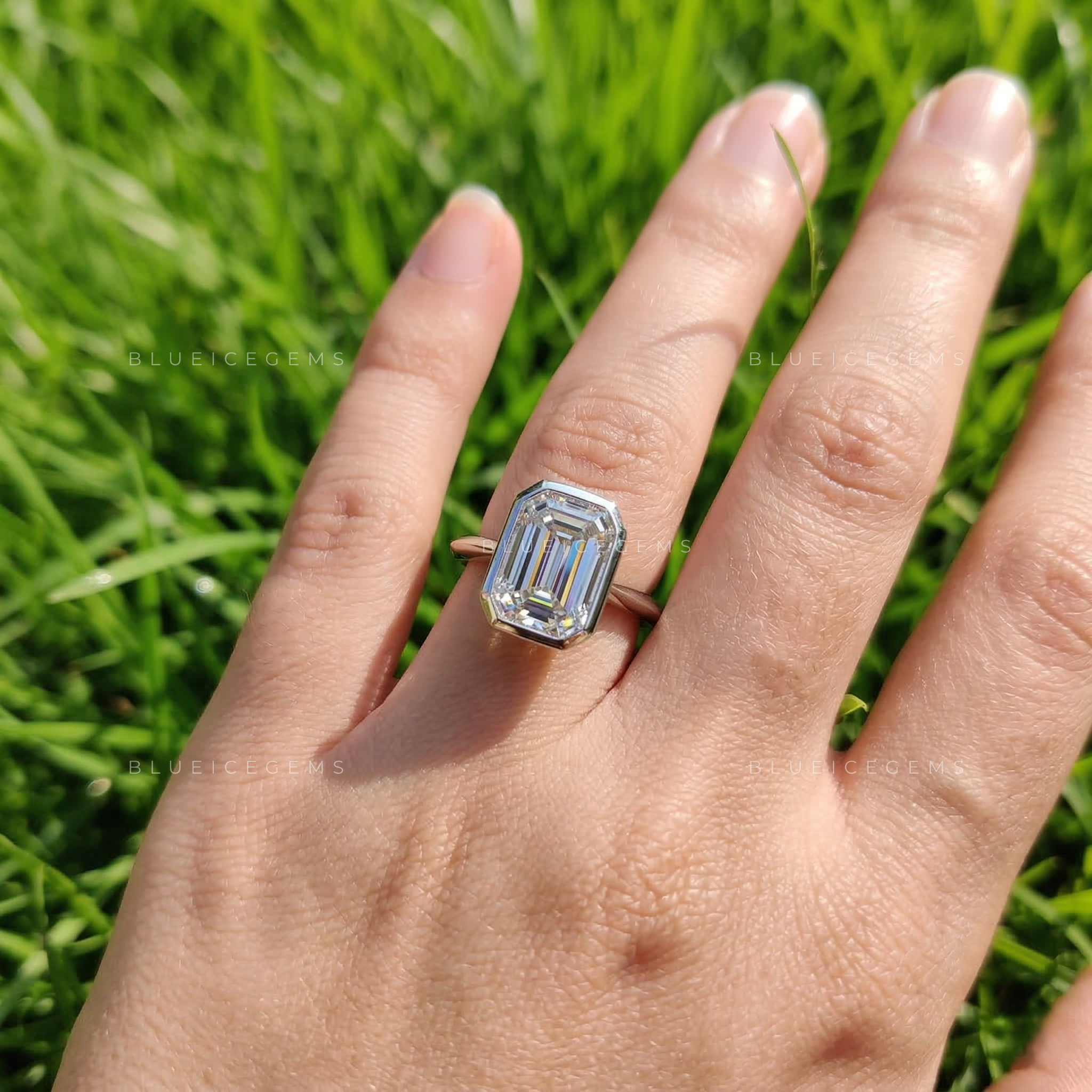 Modern Slate Emerald Cut Knife Edge Bezel Ring