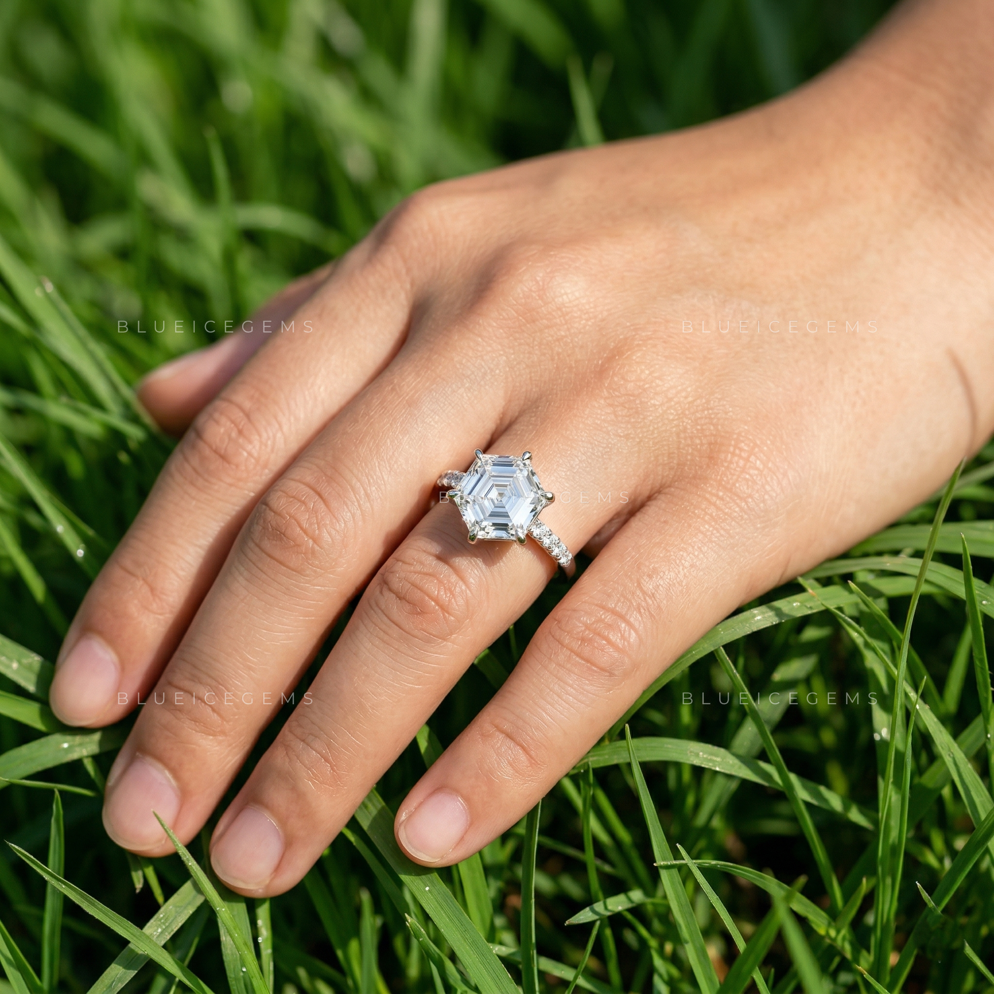 Architectural Radiance Hexagon Step Cut Hidden Accent Ring