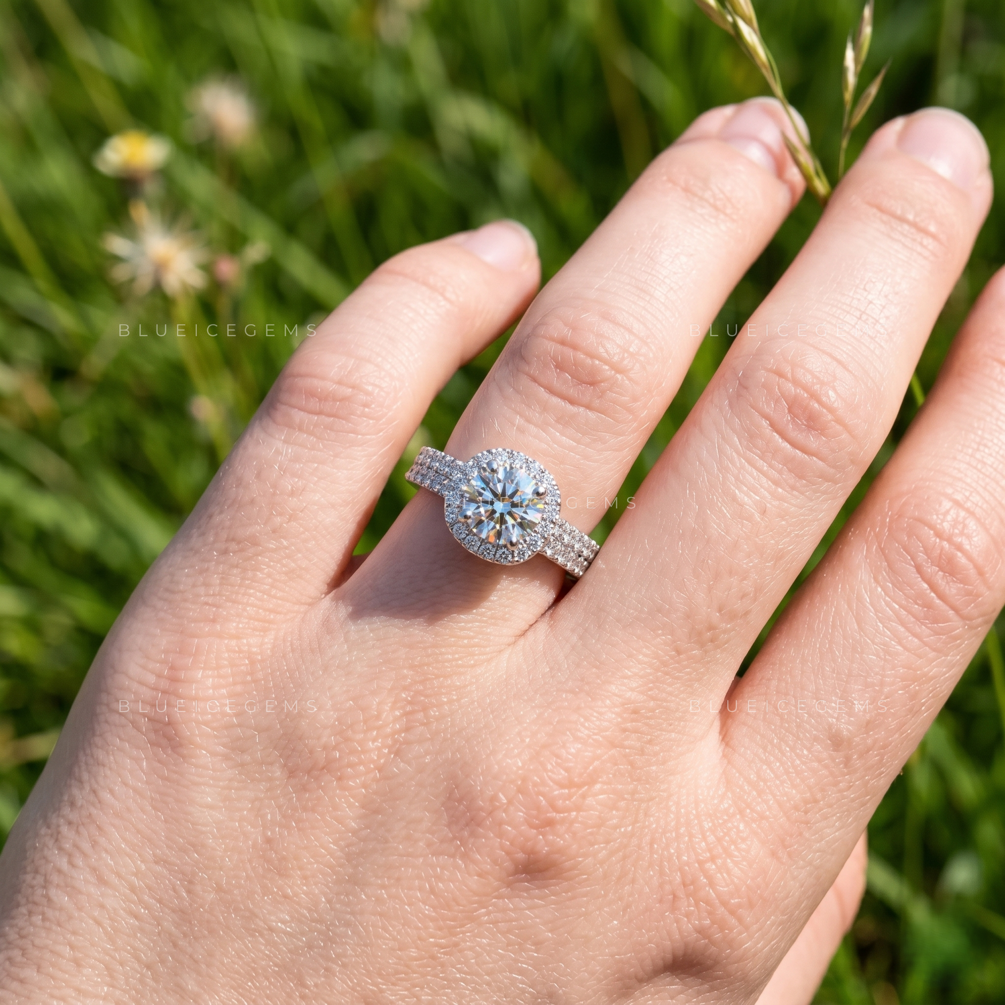 Majestic Splendor Round Brilliant Cut Halo Double Row Pave Engagement Ring