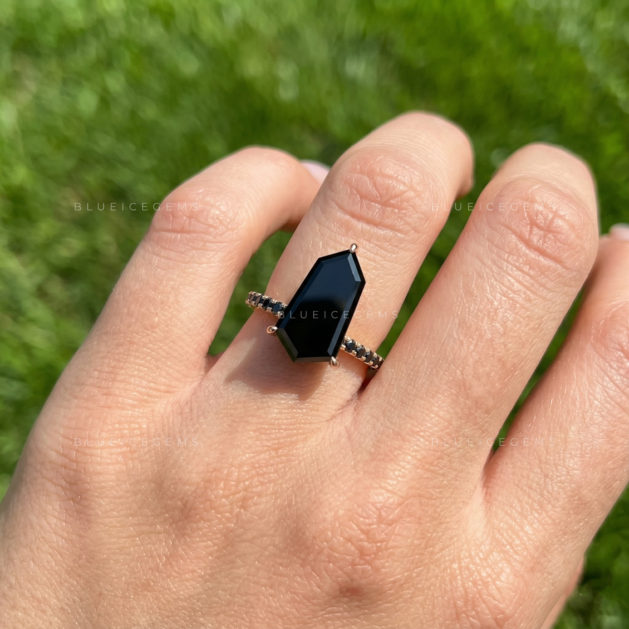 Modern Noir Shield Cut Black Diamond Halo Engagement Ring