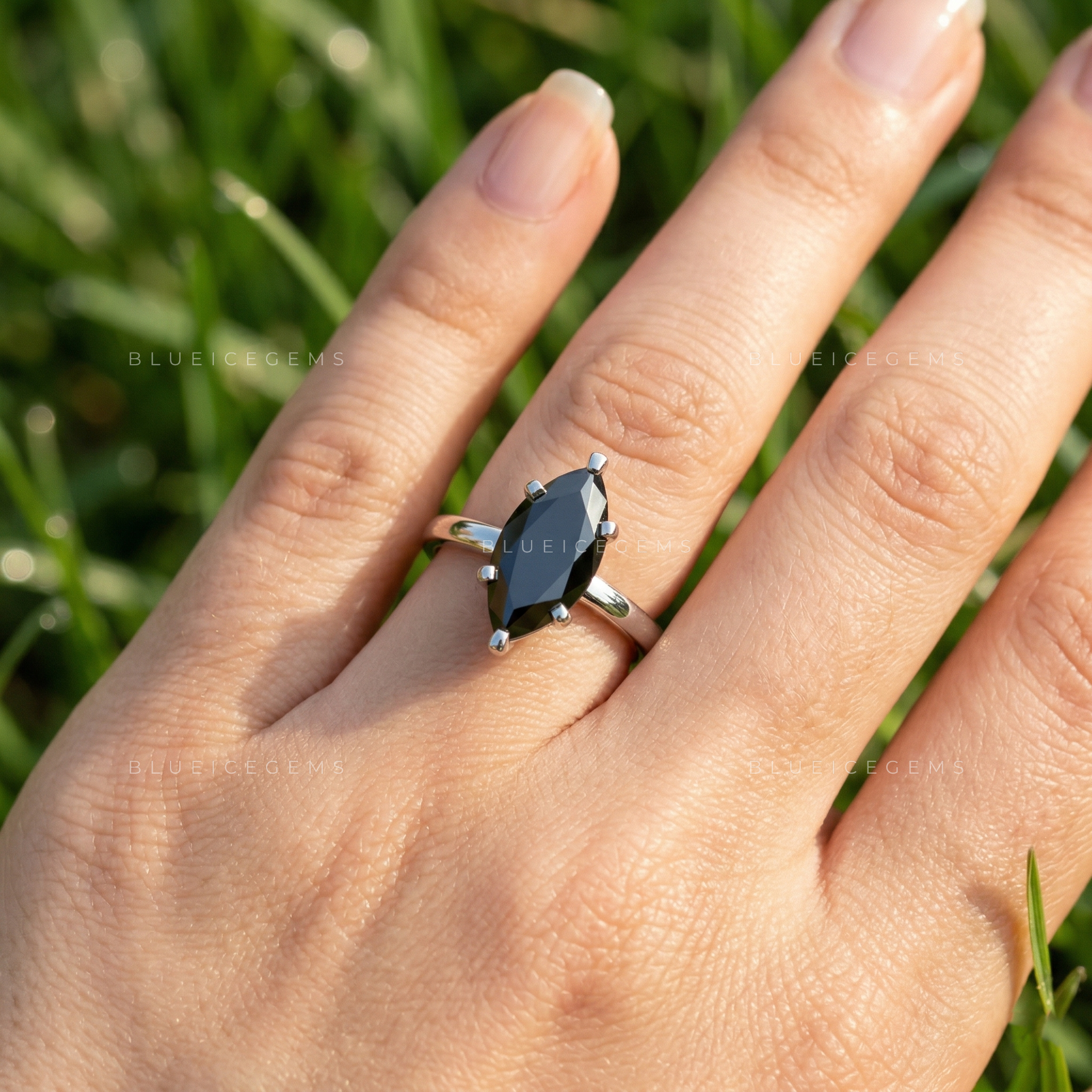 Midnight Noir Marquise Cut Black Diamond Hidden Halo Ring