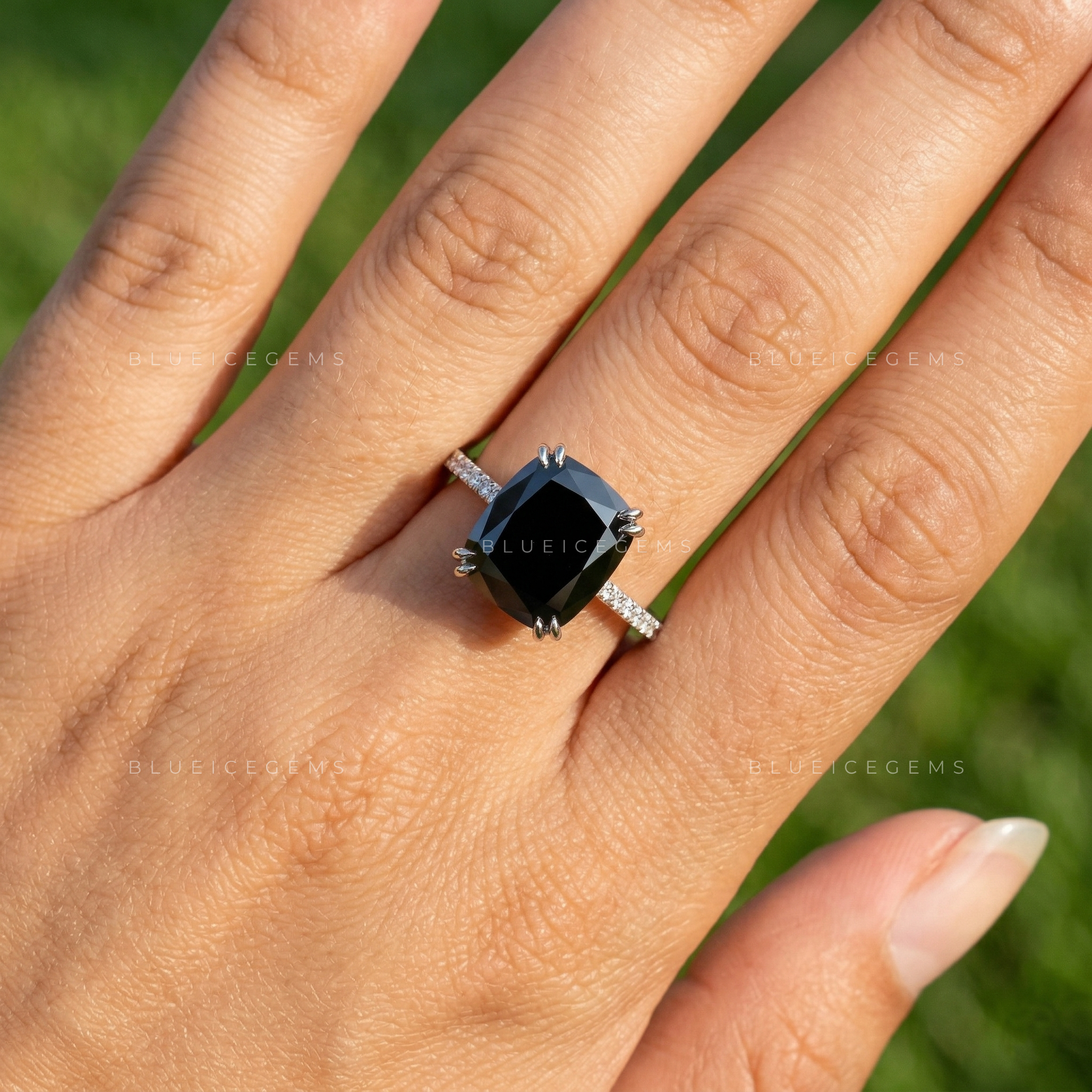 Modern Noir Cushion Cut Black Moissanite Hidden Halo Ring