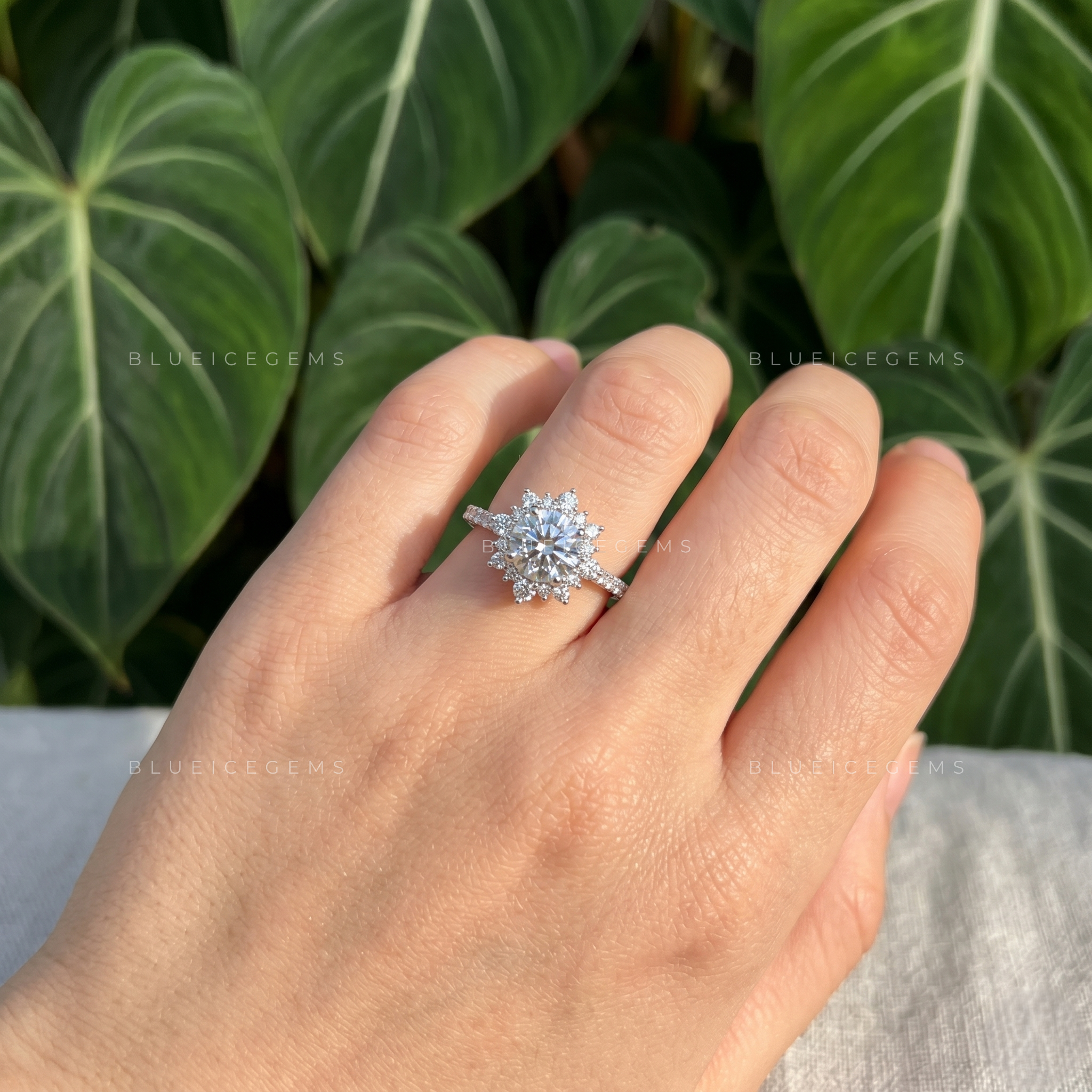 Ethereal Radiance Round Cut Cluster Halo Low Setting Engagement Ring