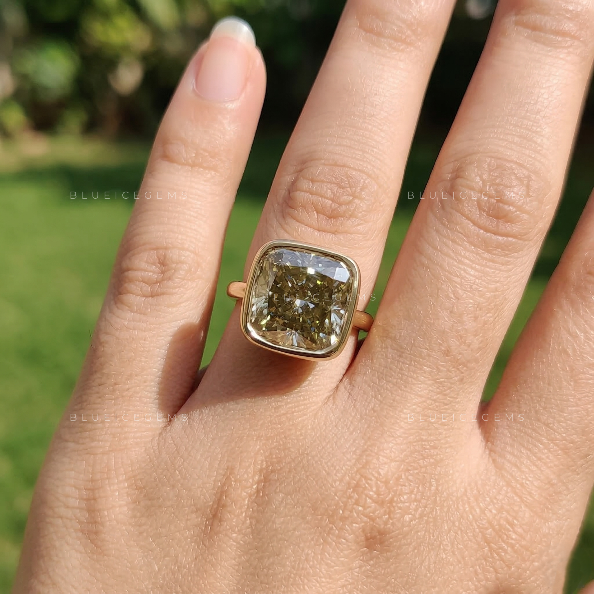 Golden Smoke Cushion Cut Bezel Set Solitaire Ring