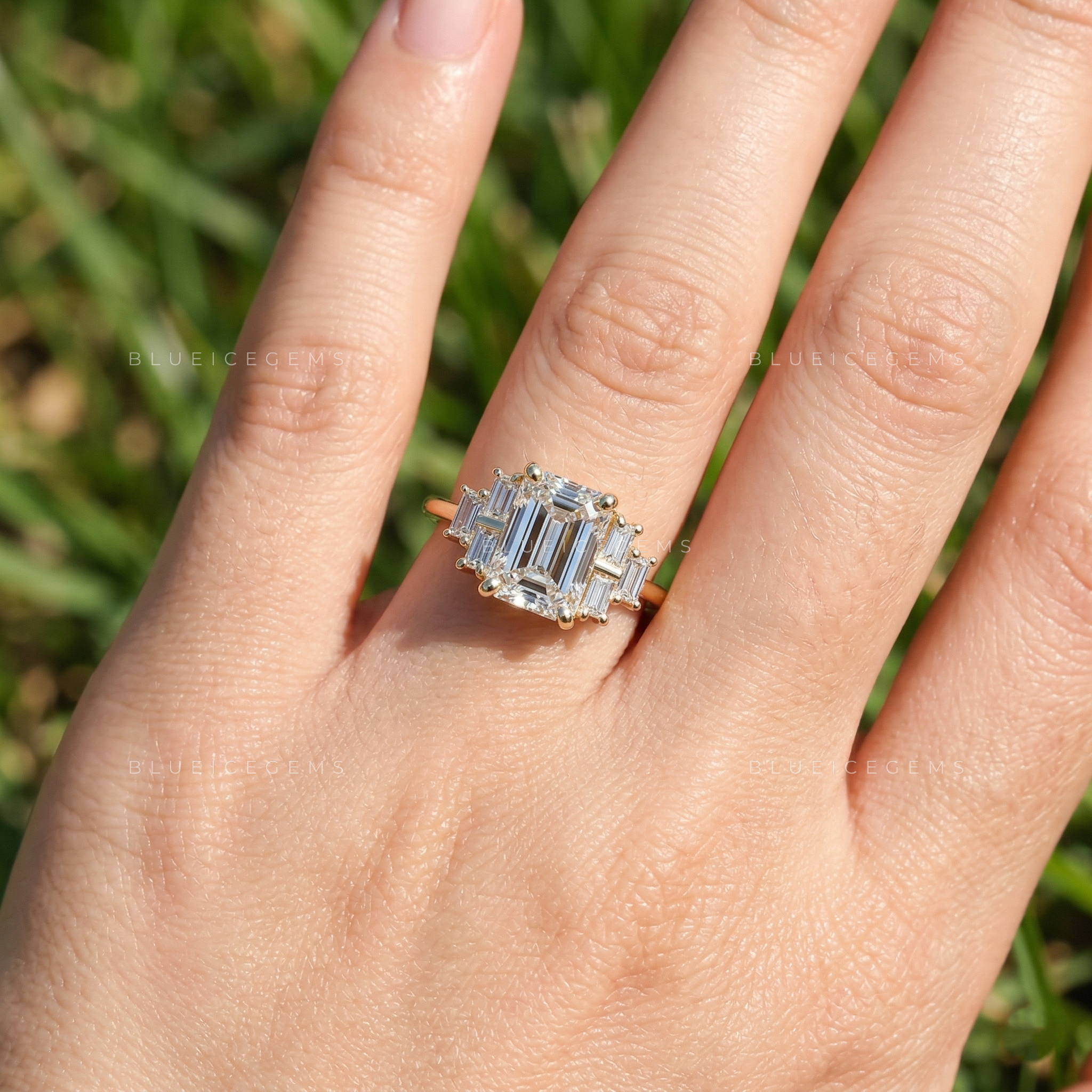 Elegant Emerald Cut Three Stone Side Baguette Engagement Ring