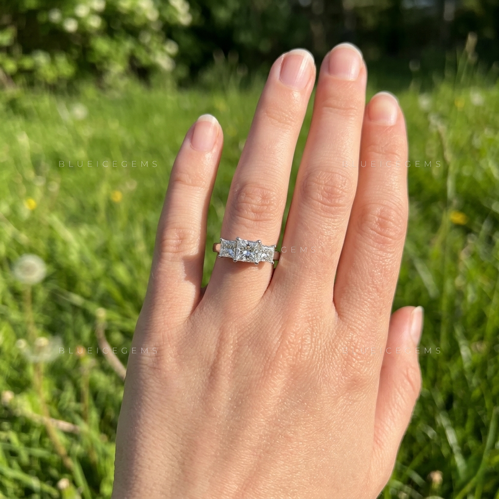 Bold Princess Cut Three-Stone Architectural Engagement Band