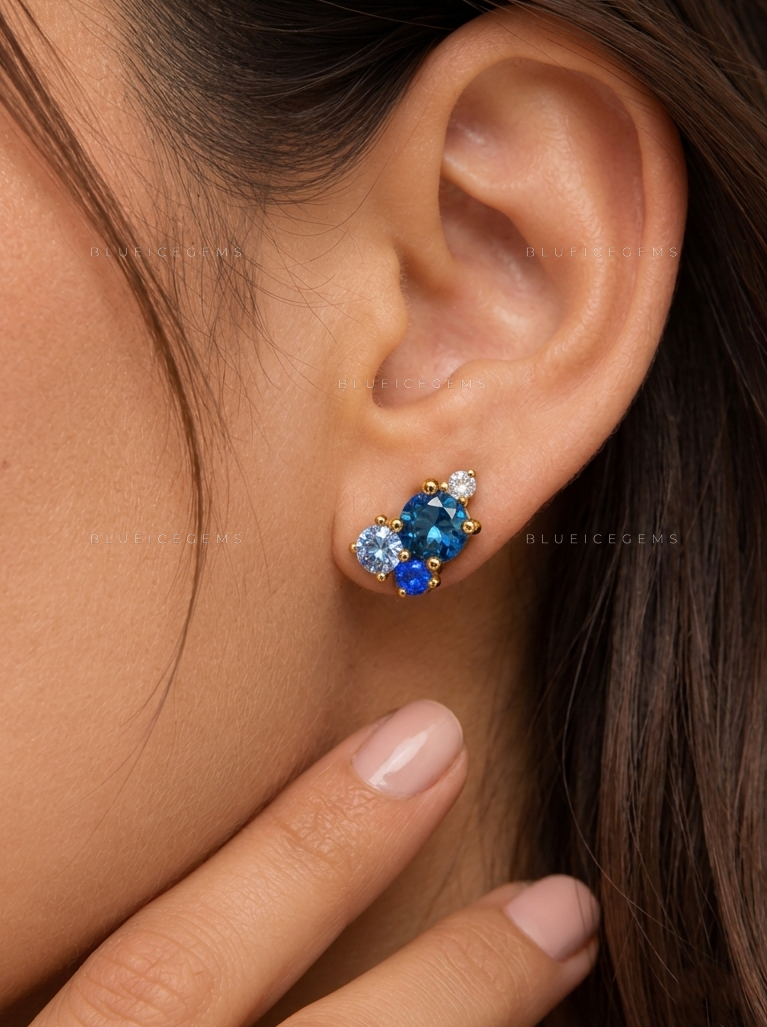 Blue Gemstone Cluster Stud Earrings
