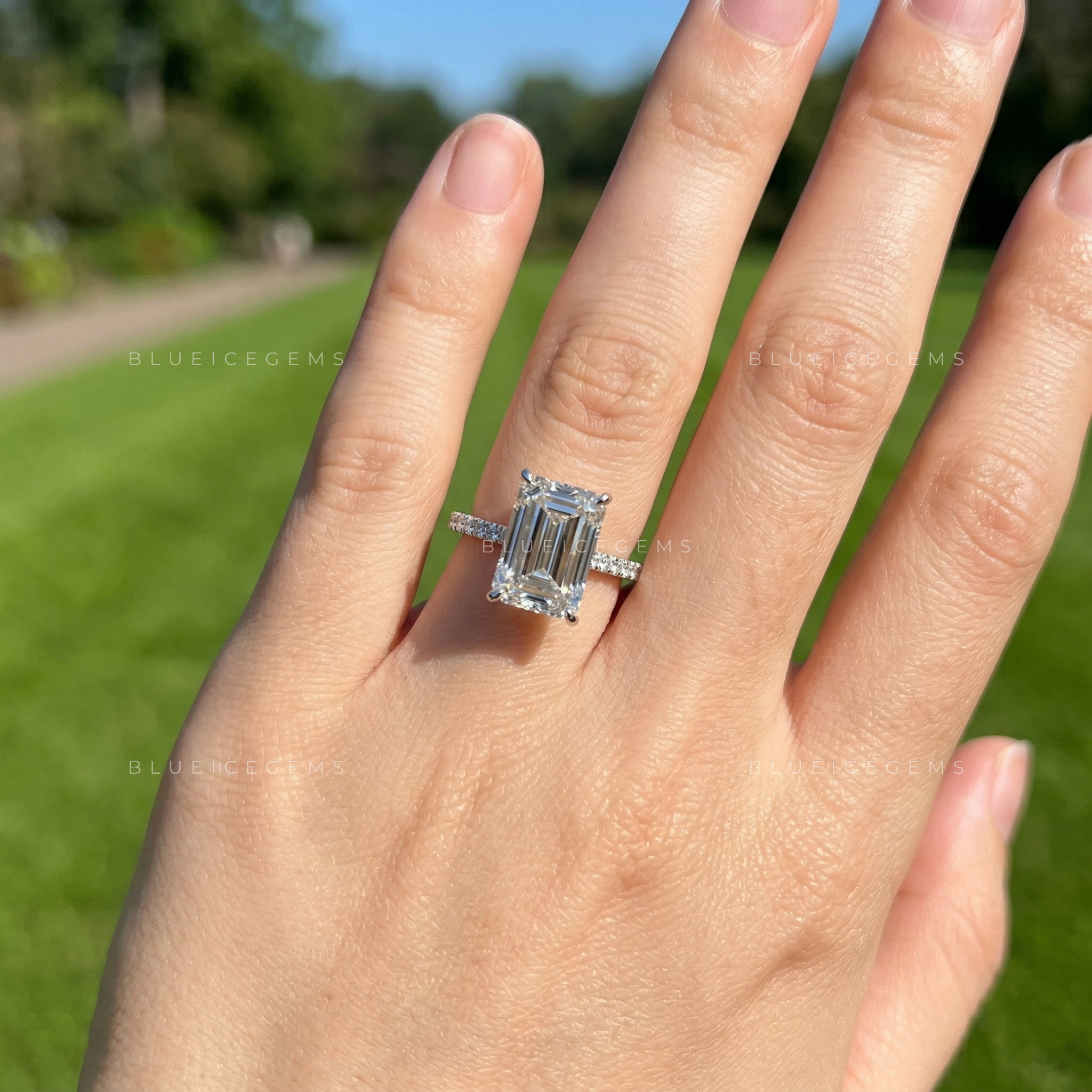 Celestial Radiance Emerald Cut Lab-Grown Diamond Hidden Halo Ring