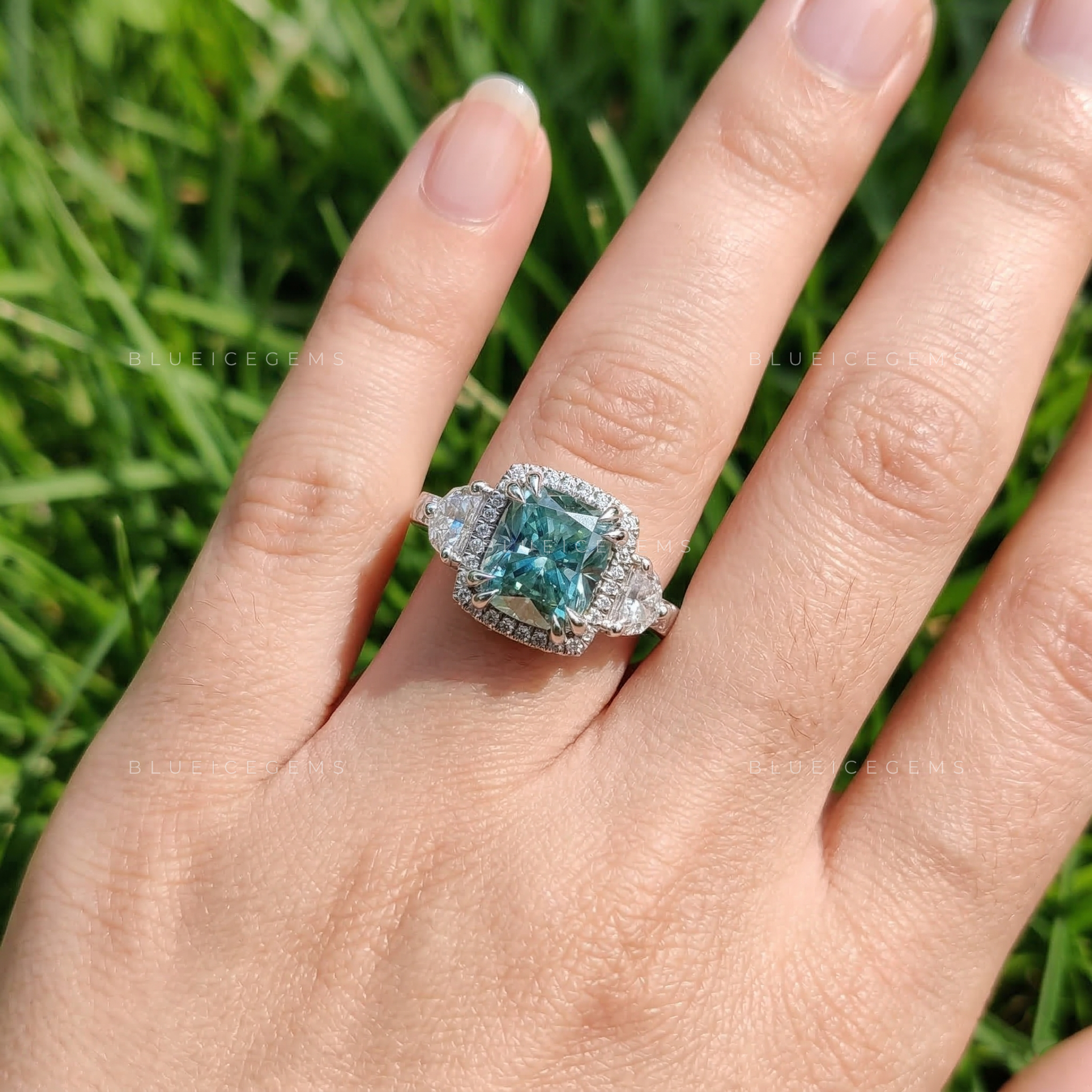 Azure Serenity Cushion and Halfmoon Five-Stone Ring