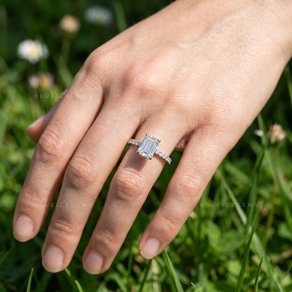 Emerald-Cut Cathedral Setting Pave Accented Engagement Ring