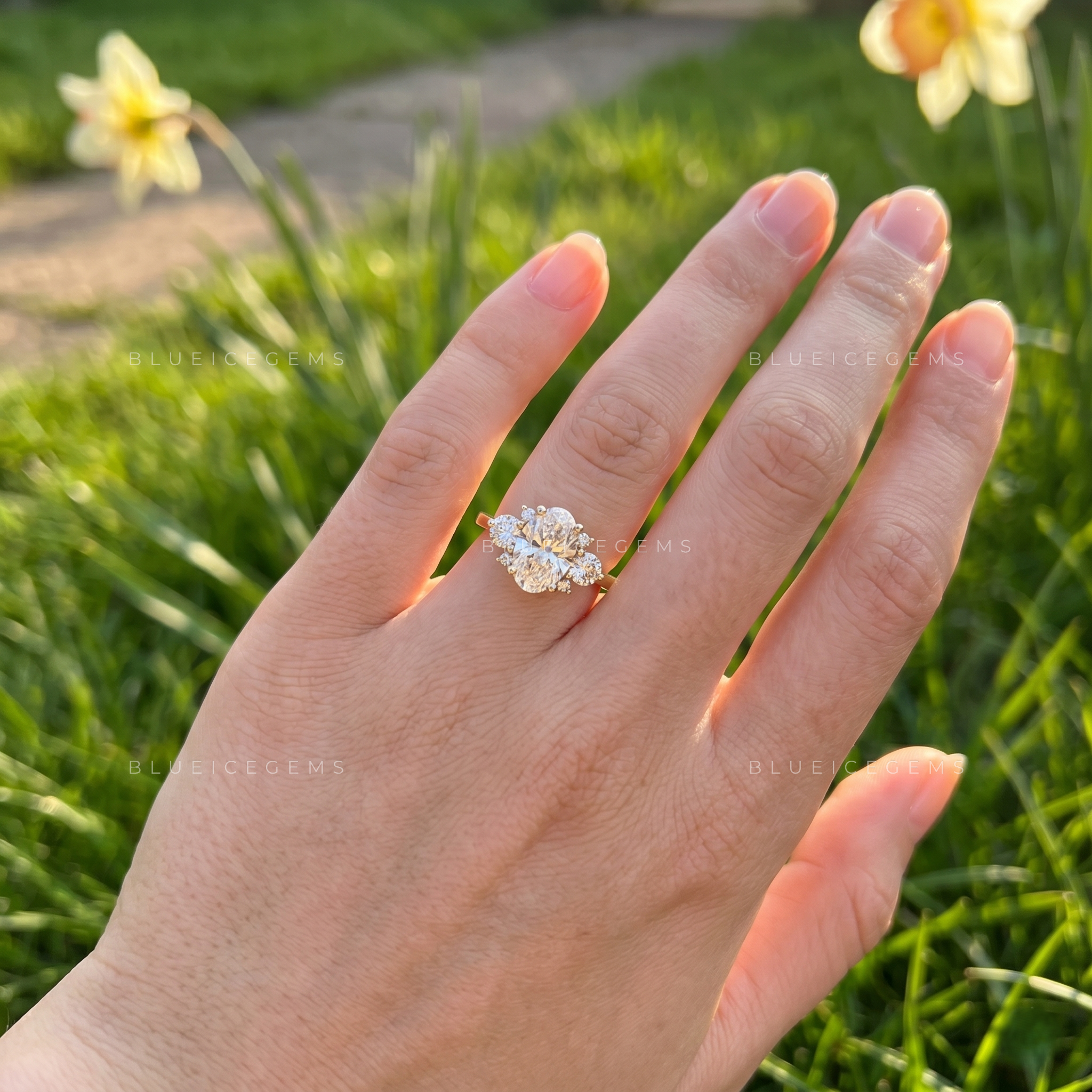 Graceful Harmony Oval Cut with Round Accent Side Stones Engagement Ring