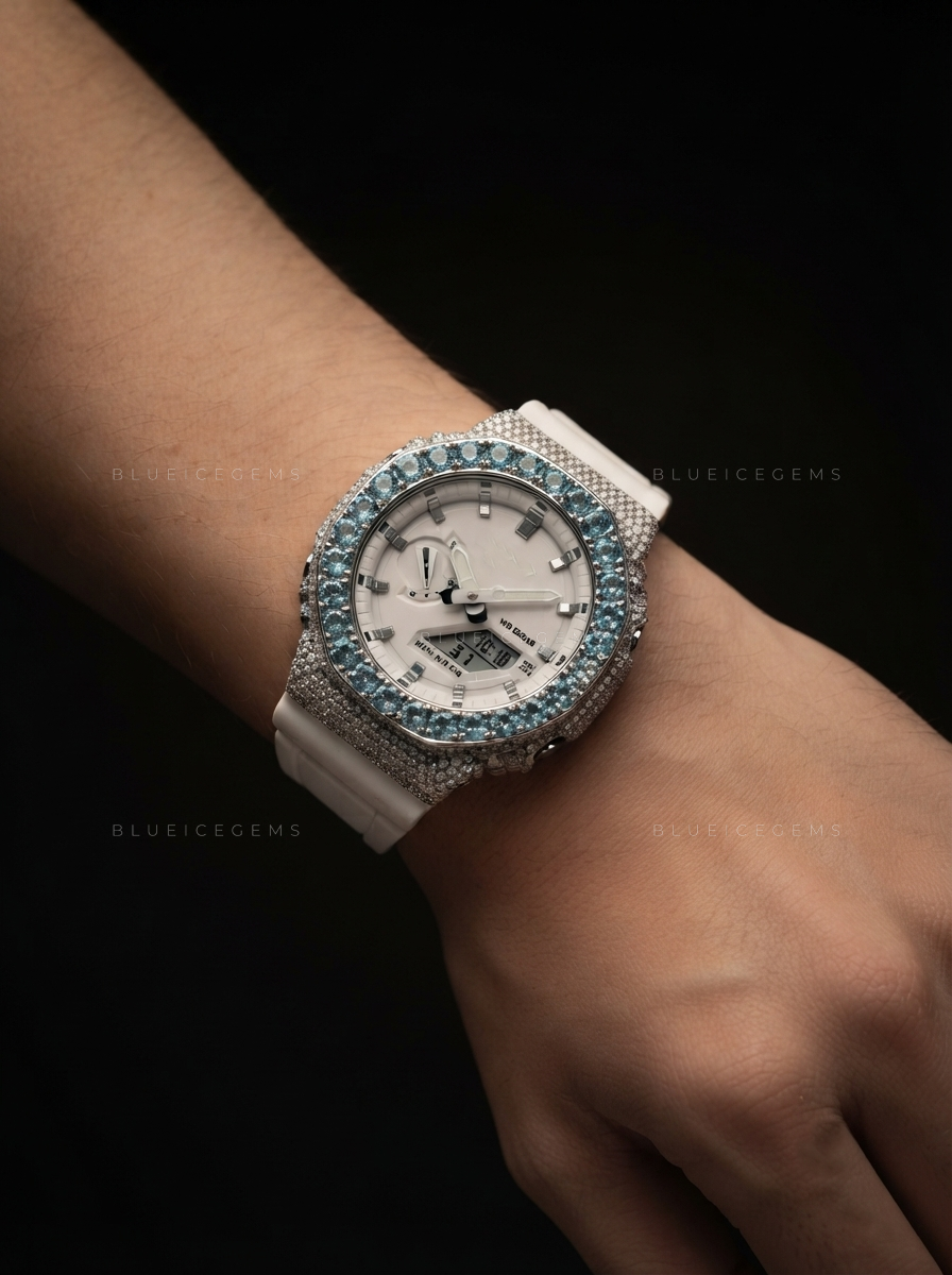 Aqua Frost Mirage Iced Watch – Blue Moissanite & White Resin