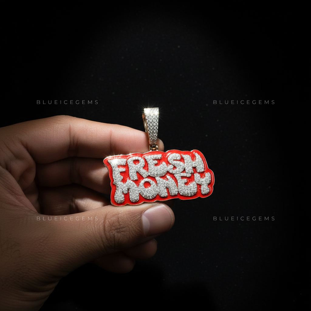 The "FRESH MONEY" Hustle: Crimson Enamel & Graffiti-Bubble Script Pendant