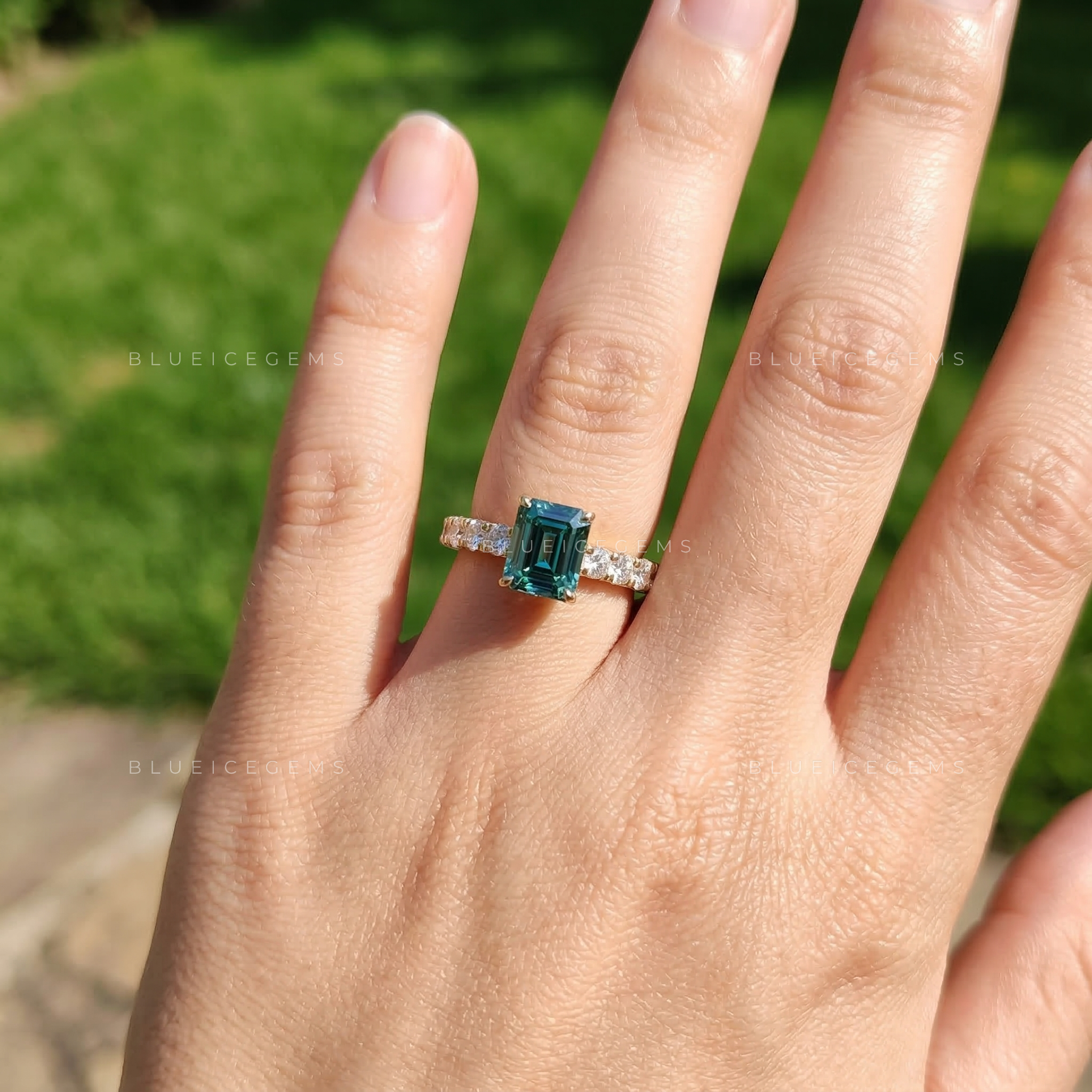 Azure Horizon Emerald Cut Cyan Blue Trilogy Ring