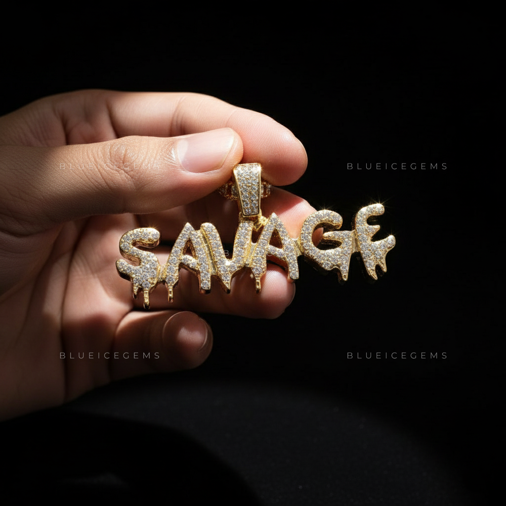 The "SAVAGE" Drip: Liquid-Effect 3D Bubble Script & Golden Halo Pendant