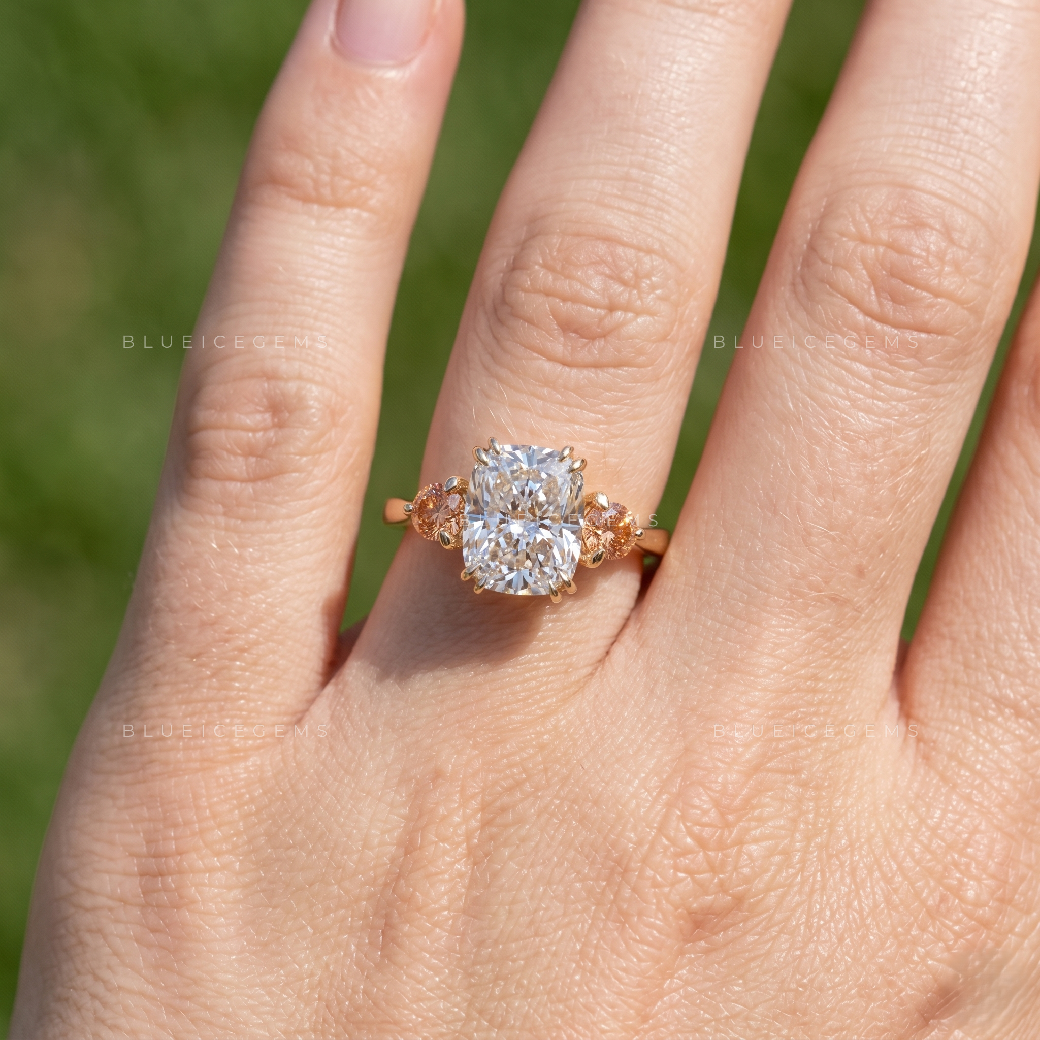Enchanted Romance Cushion Cut Trilogy Side Peach Morganite Engagement Ring