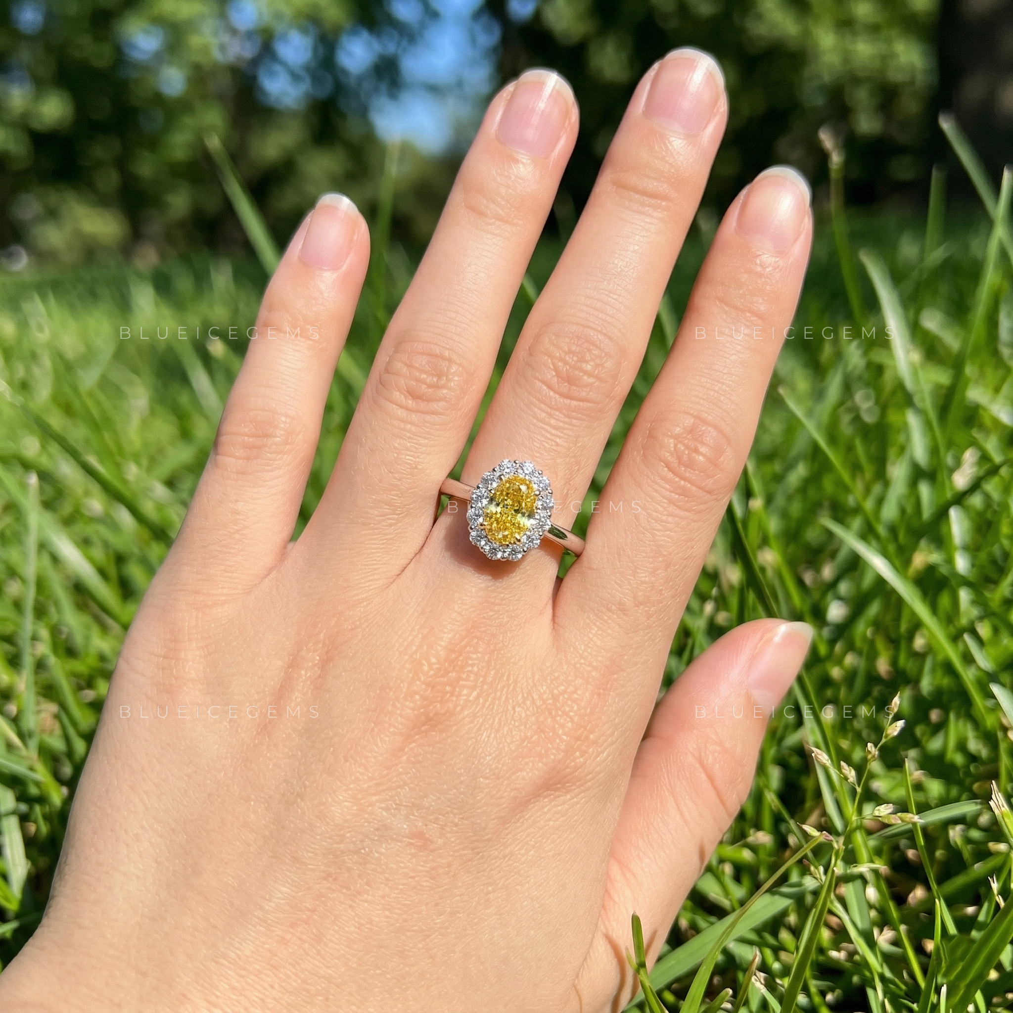 Golden Solstice Vivid Yellow Oval Three-Stone Ring