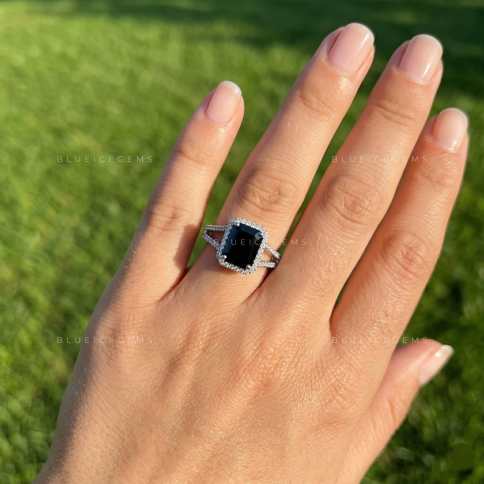 Midnight Noir Emerald Cut Black Diamond Halo Engagement Ring