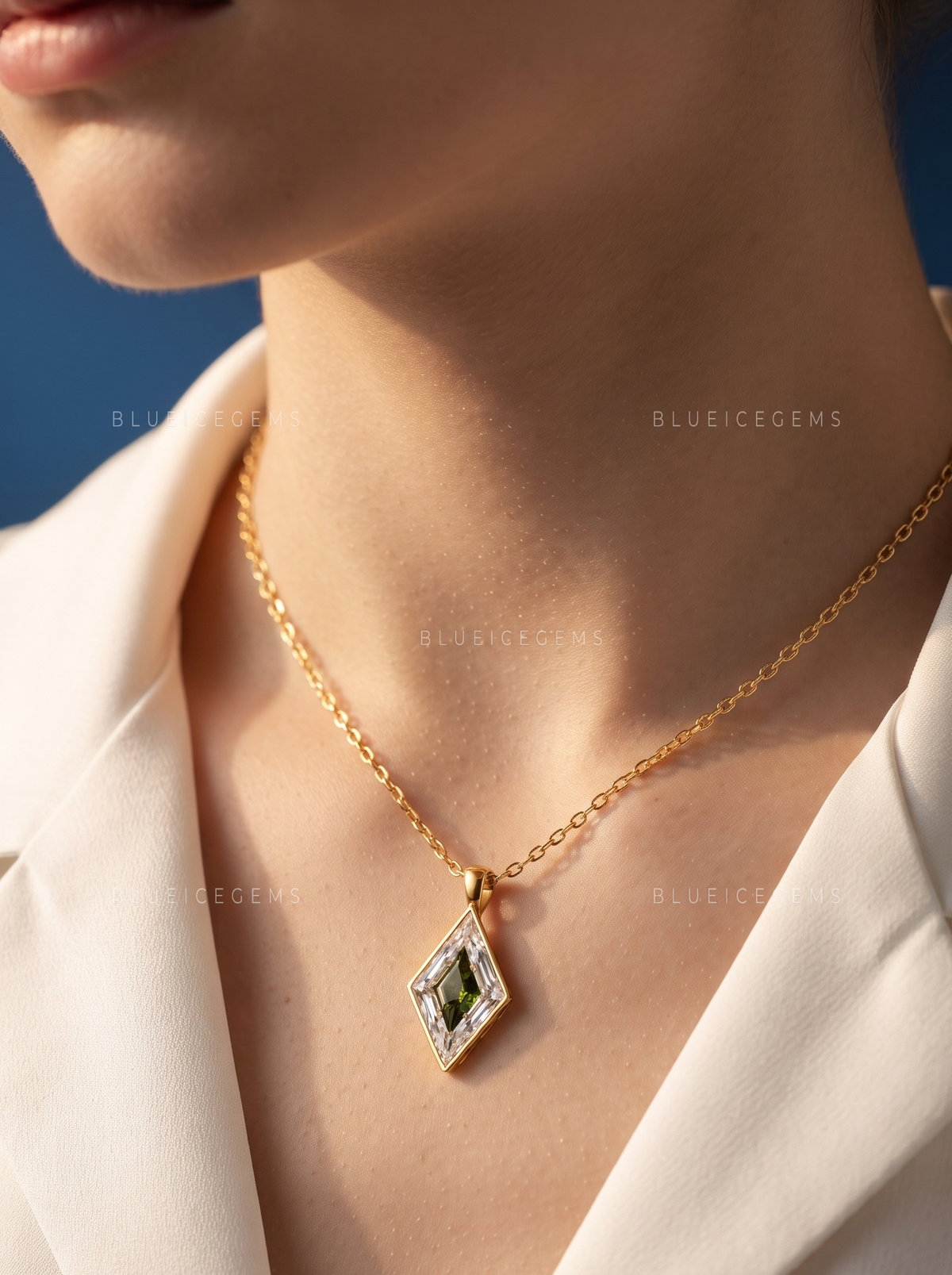 Lozenge Cut White and Emerald Green Diamond Pendant