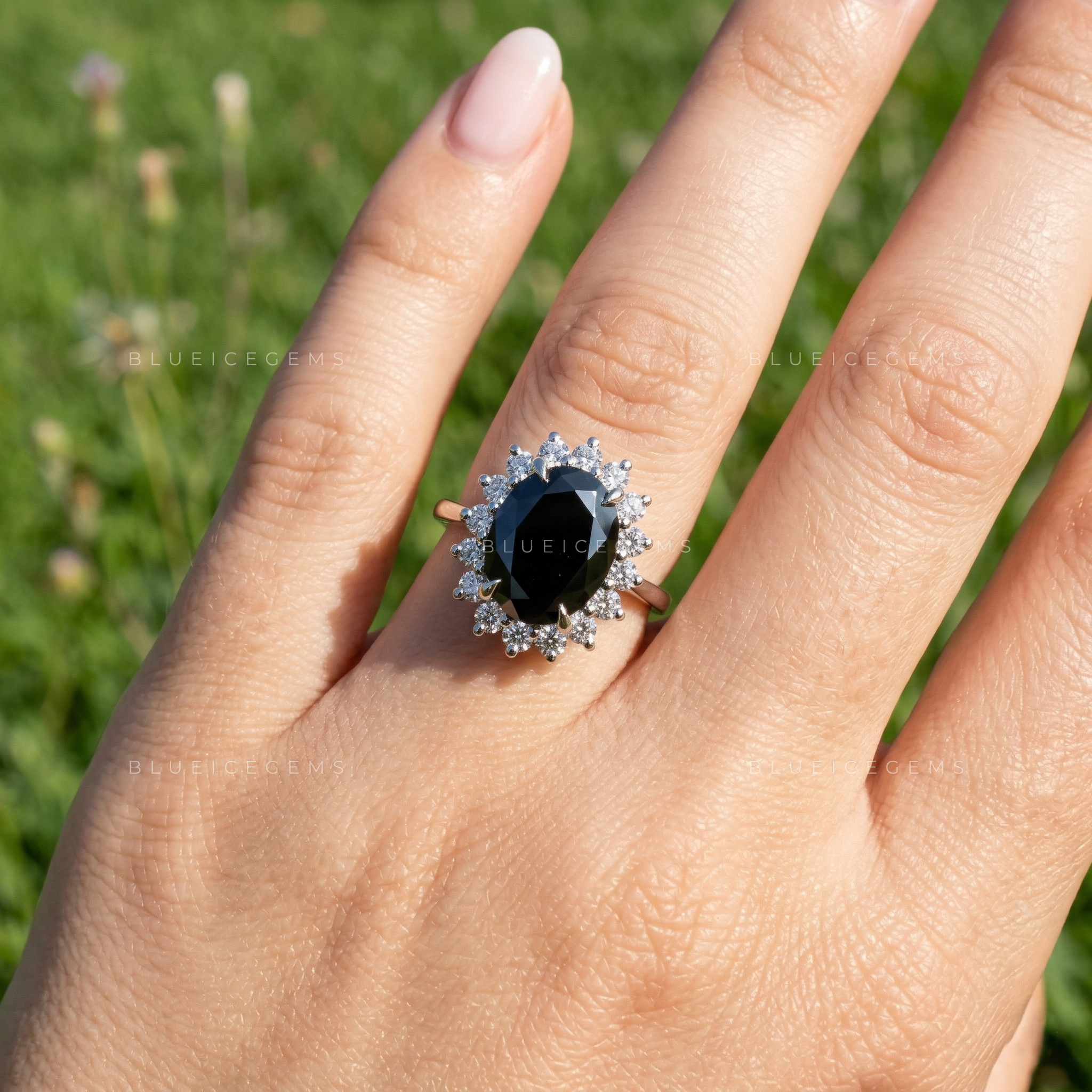 Midnight Noir Oval Cut Black Moissanite Hidden Halo Ring