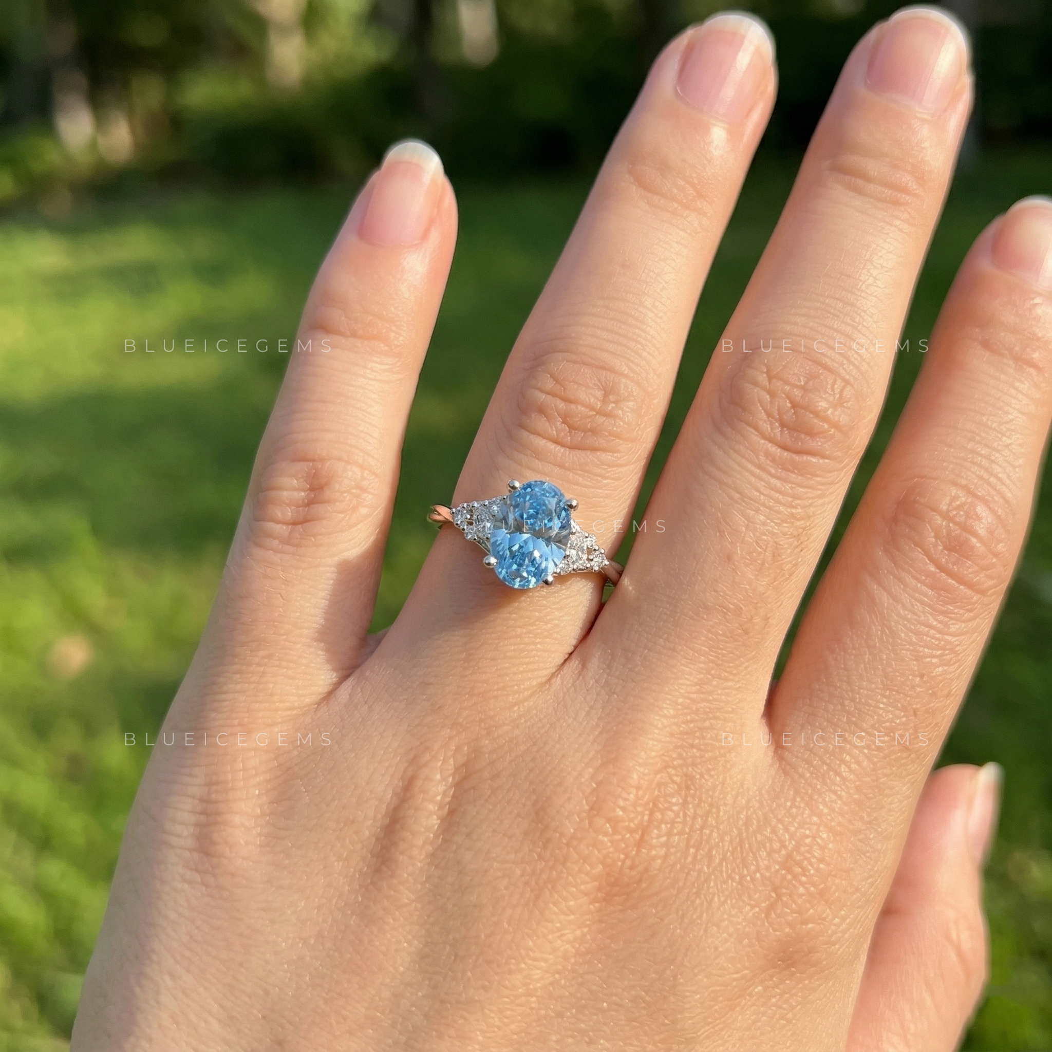 Sapphire Sky Oval Blue Diamond Floral Engagement Ring