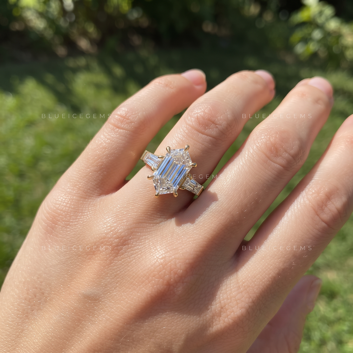 Evermore Elongated Hexagon Three-Stone Engagement Ring