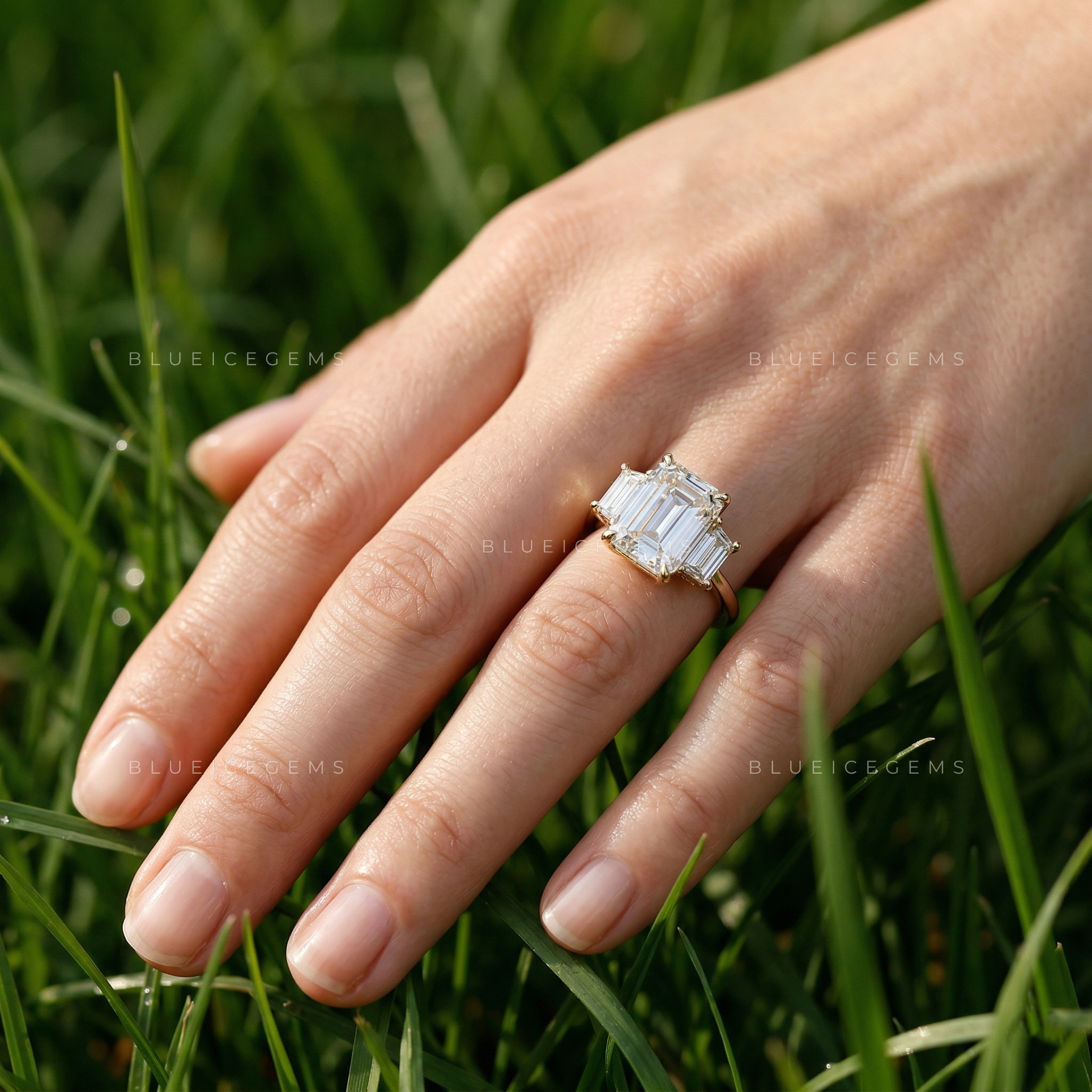 Architectural Elegance Emerald and Trapezoid Cut Trilogy Ring