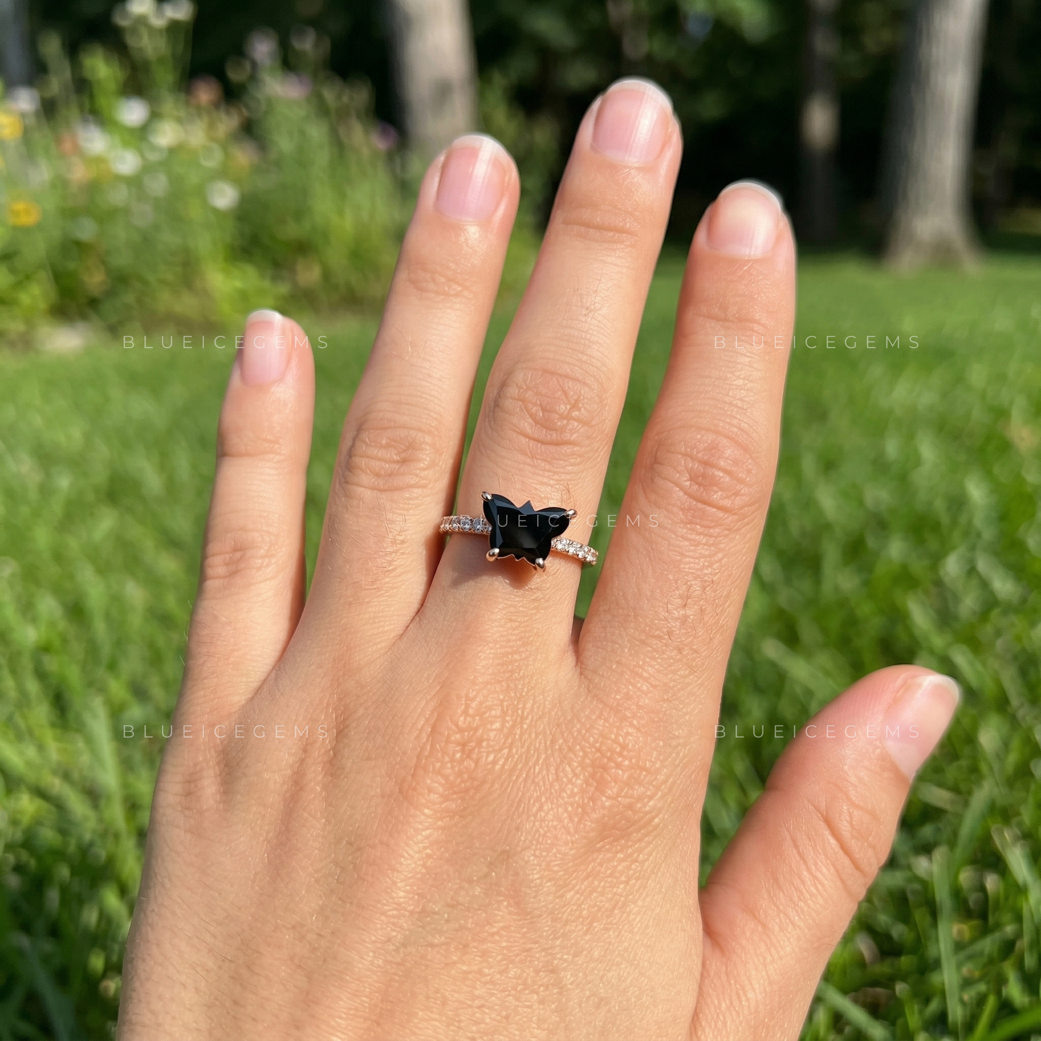 Midnight Noir Butterfly Cut Black Diamond Ethereal Halo Ring