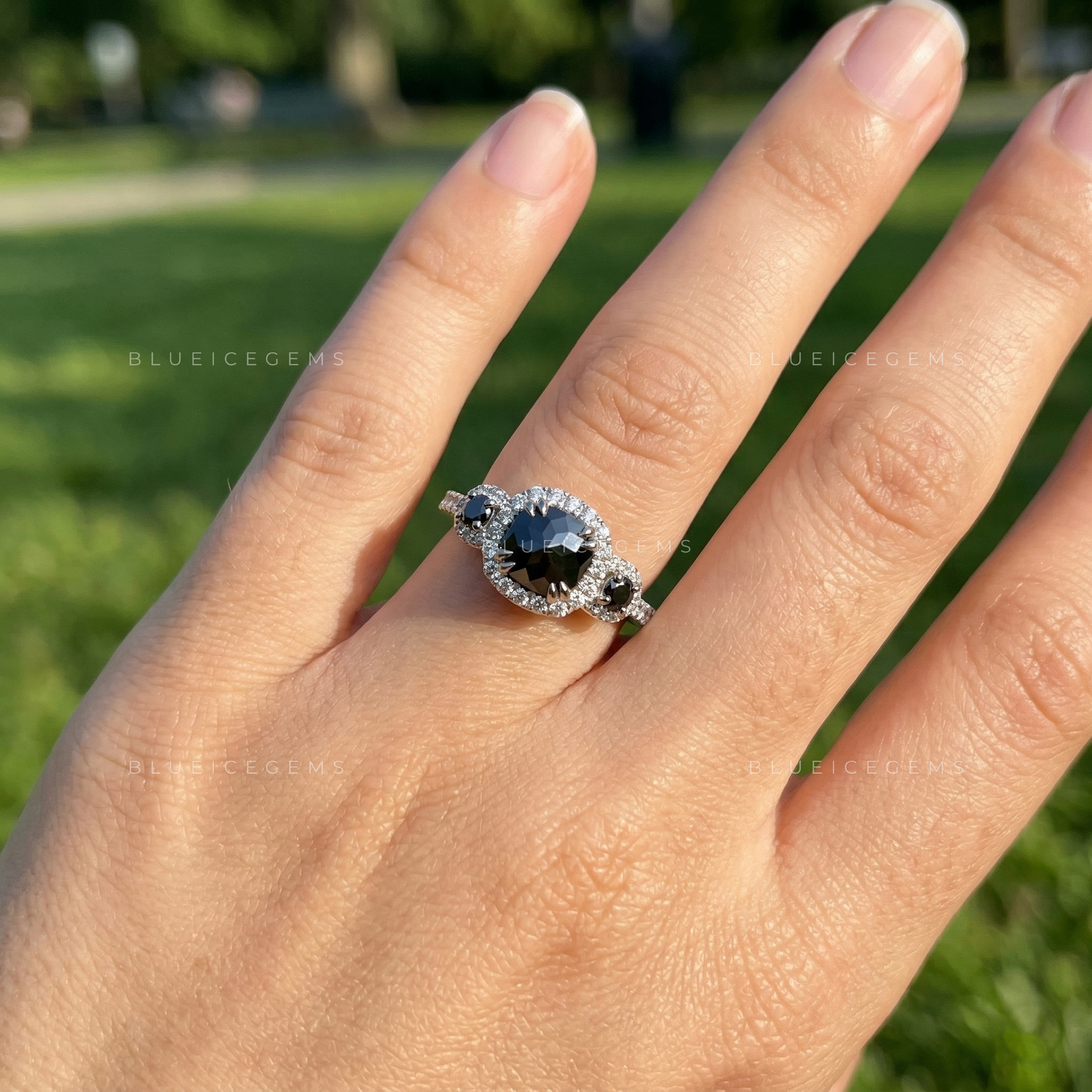 Midnight Noir Flower Cushion Cut Black Diamond Vintage Halo Ring