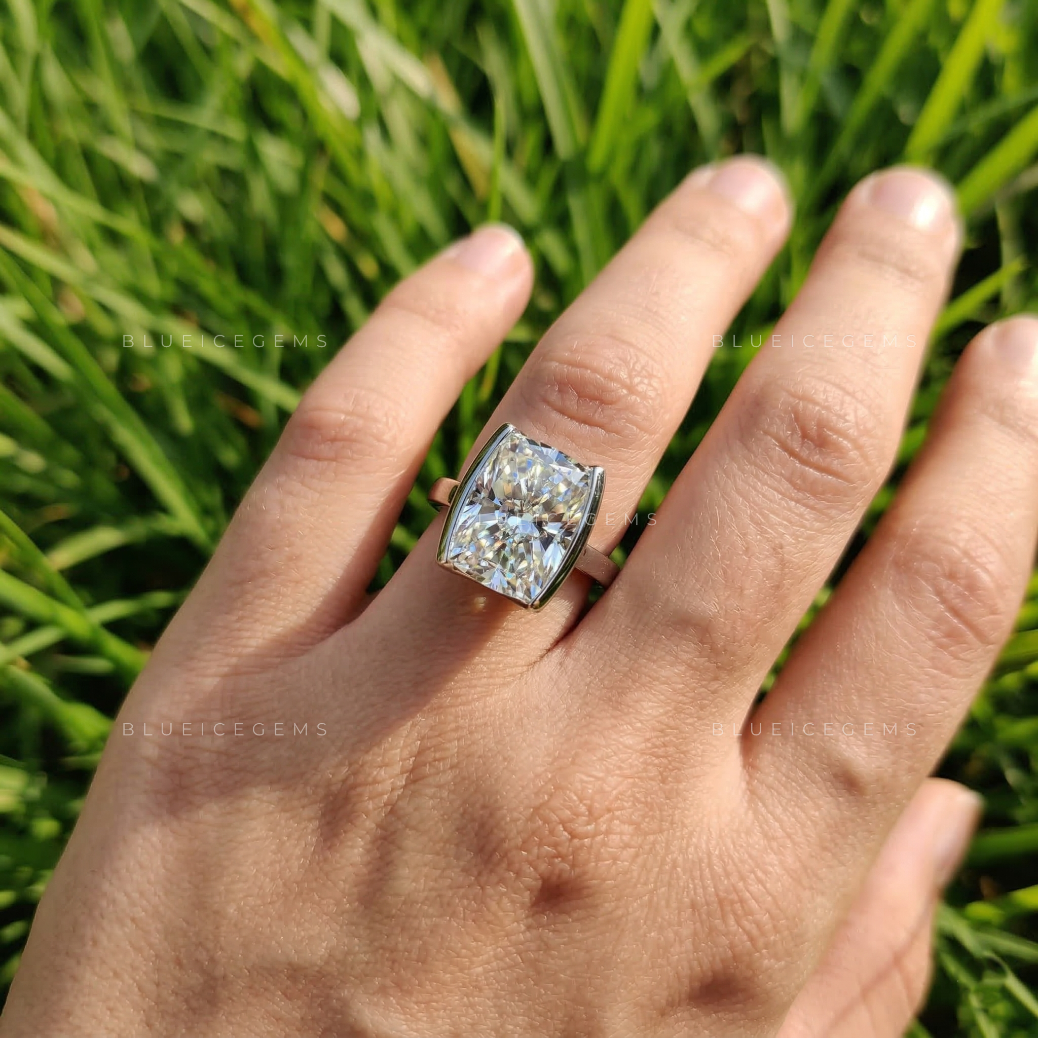 Divine Elongated Cushion Half Bezel Solitaire Statement Ring