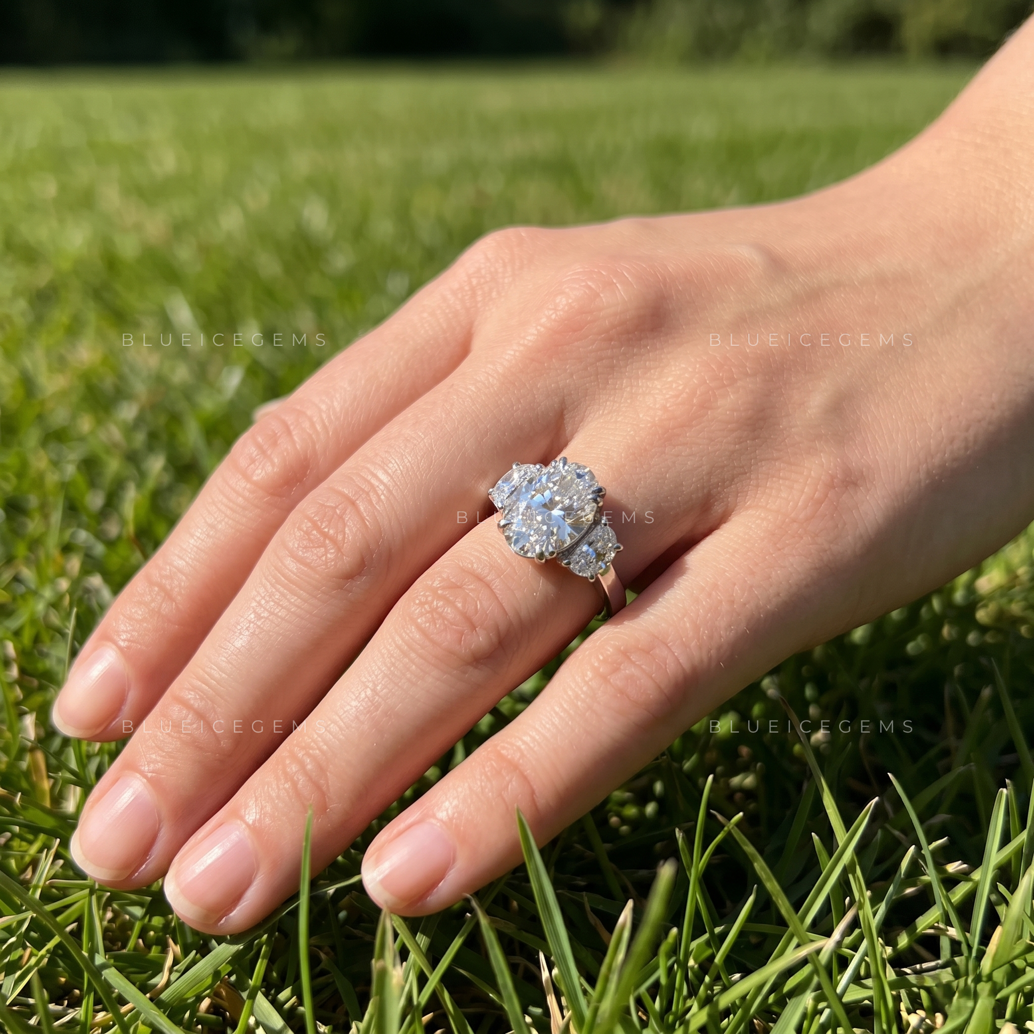Elegant Symphony Oval Brilliant Cut and Half Moon Three Stone Engagement Ring