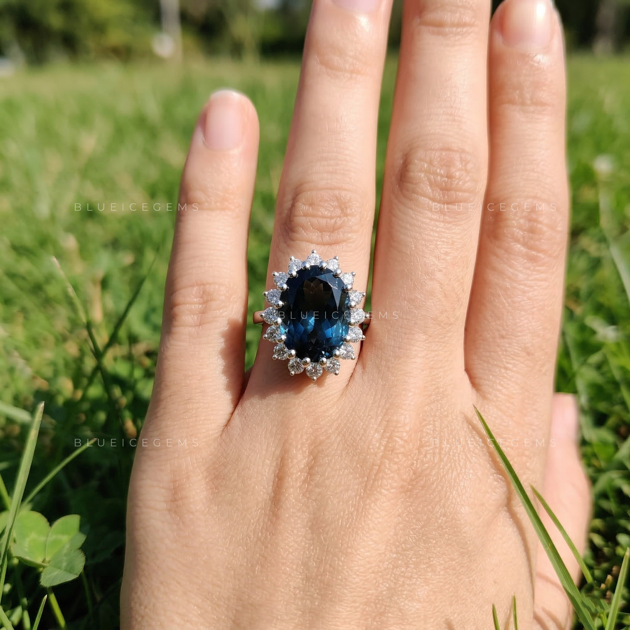 Celestial Azure Blue Topaz and Lab Grown Diamond Halo Ring