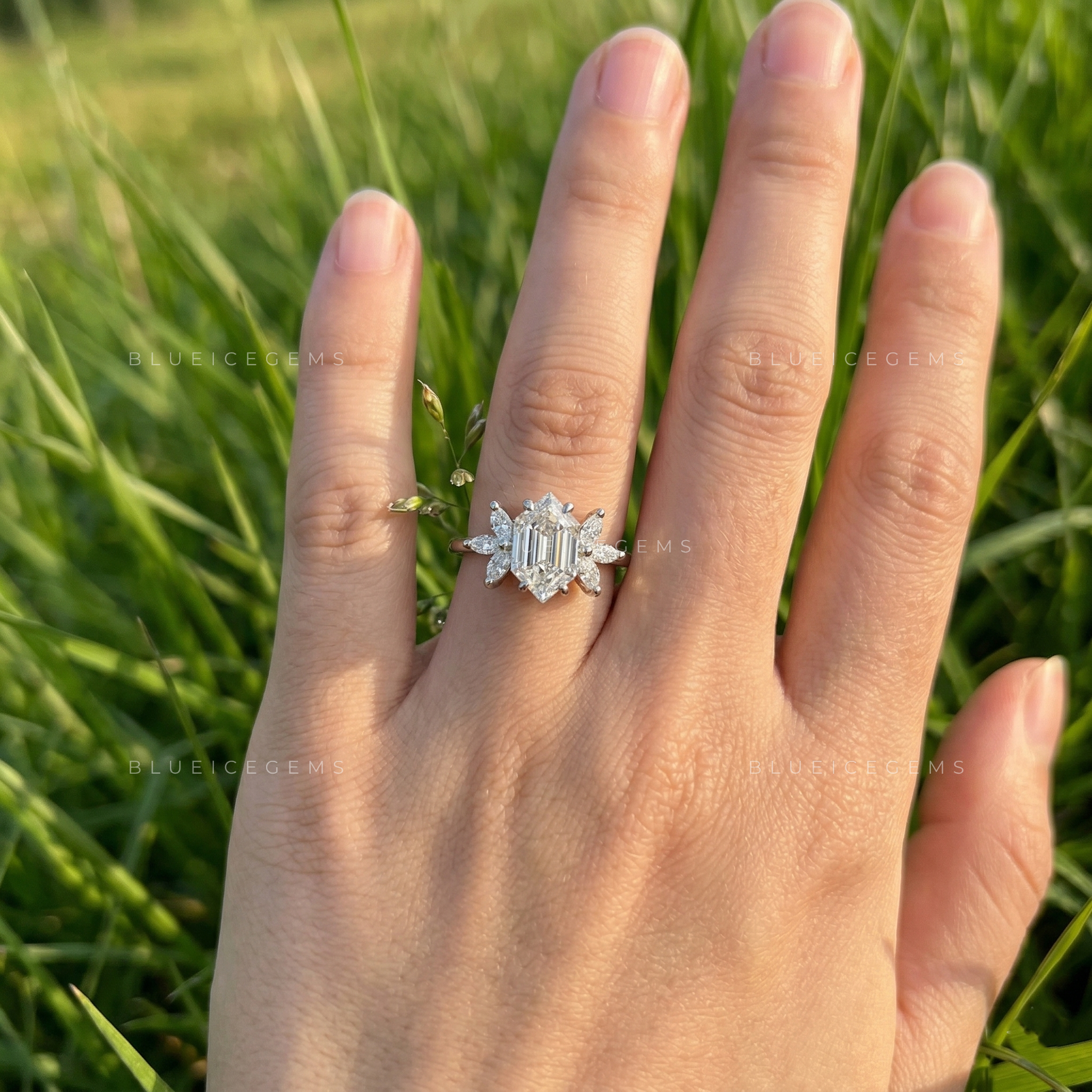Architectural Radiance Hexagon Step Cut Floral Engagement Ring
