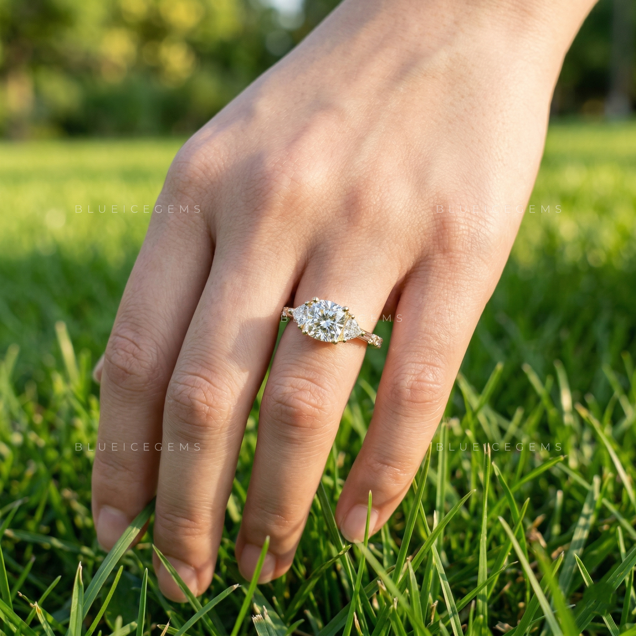 Radiant Cushion Cut Three Stone Multi-Shape Side Engagement Ring
